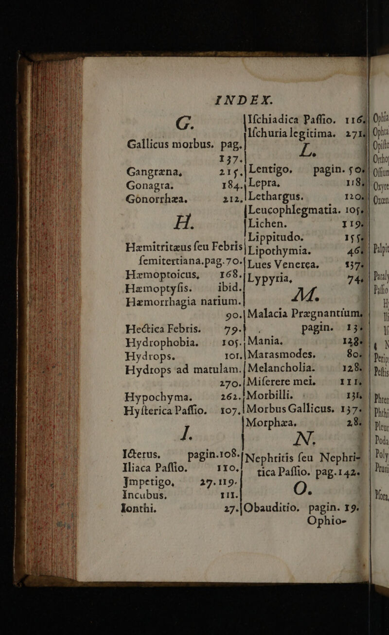 137. Gonagra. I ipfim 1182 L Gonorrhza. 212. : [Leucophlegmatia. 10$; H. Lichen. II9. Hamitritzus feu Febels| i Pena. » Mas PARU Ld. Venereca. 157: xzmoptoictus, 168. : Eee porti ibid. | YPYtae 74 Hamorrhagia natium. | . 9o.|Malacia Przgnantium, He&amp;icaFebris. — 79.] . pagin. 13: Hydrophobia. 105., Mania. 129. Hydrops. ror, |Marasmodes. 8o. Hydrops ad matulam. | Melancholia. 128. 270.|Miferere mei. III, Hypochyma. 262.1 Morbilli. jl Hyíterica Paffio. 17. | Morbus Gallicus. 137; Morphaa. 2.8. I. | N. IGerus, ^ pagin.103-[ Ne hritis feu. Nephris IMiaca Paflio. IIO, A Paffio. 3a jTmpetigo, 29.119. Incubus. II.  Ionthi. 27.|Obauditio. pagin. 19. Ophio- Oph: Opi Ortho, Offun Üxyte (non Paffo i I li Ml. Peri Pefis Phter Phthi Ple [ Dod; Poly Pro Mor;