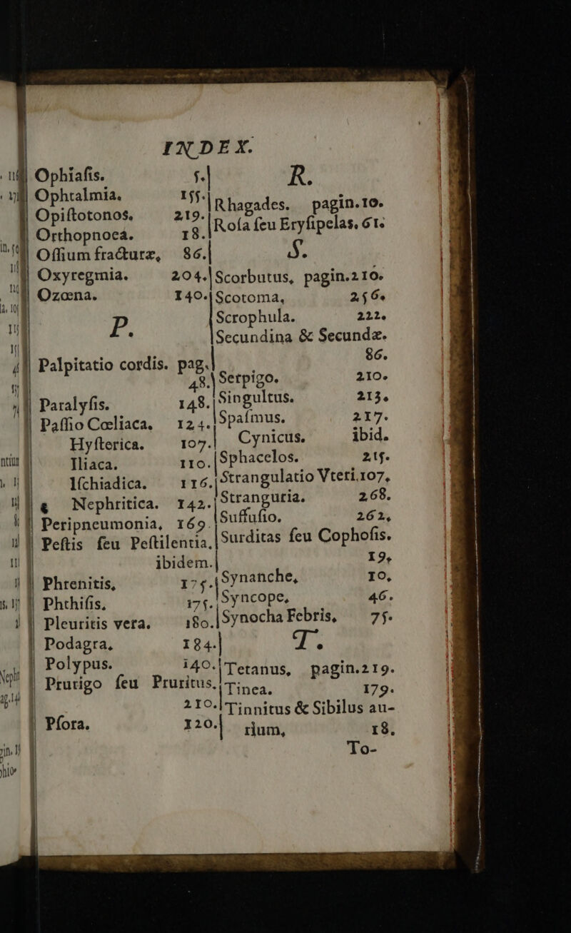 . lu Ophiafis. 54 R. . ul Ophtalmia. 'nRhagades. pagin.ro- | Opiftotonos., ji i Orthopnocá. V iRolaiea Eryfipelas. 6t. k Offium fracturz, iis] S. uil Oxyregmia. 204.|Scorbutus, pagin.2 1o. 1, 1 Qoa. I40.|Scotoma, 246. p | P Scrophula. 22121.  h Secundina &amp; Secunda. j| Palpitatio cordis. Pag: : 86. 4$. etpigo. 210. | || Paralyfis. 148. dirae, 213, 'I PaffioCeliaca. — 124. pode. ep l H fterica. Io ynicus., ibid. ntitt | Taie A vistos jn 21f. m | líchiadica. f'T6. Strangulatio Vteti. 107, E | Nephritica. 142. j sre icas hr ! f| Peripneumonia, 16 uiuo 262, I! | Peftis feu Peftilentia, TRE feu Cophofis. H | Hes 19, | | Phrenitis, c BUG IO, s. 1j | Phthifis, E Syncope, 46. | | Pleuritis vera. 18o.| Synocha Febris, 75 | an 184. T | Polypus. i40.lT . n | Prurigo feu Pruritus, Moe Me. 2IO-l Tinnitus &amp; Sibilus au- Píora. 120.| dii e To-