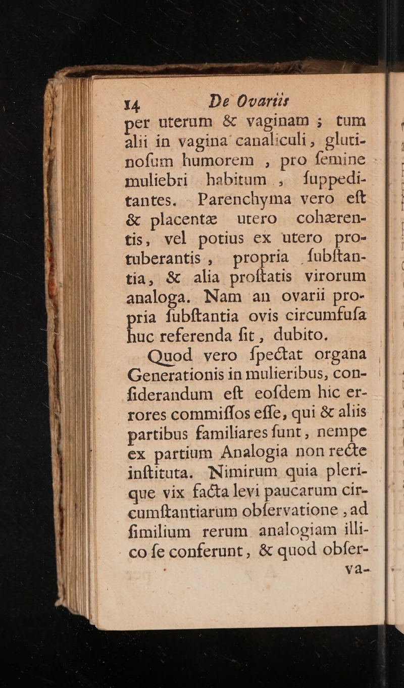 er uterum & vaginam ; tum ali in vagina canaliculi, gluti- nofum humorem , pro femine muliebri habitum ,, fuppedi- tantes. - Parenchyma vero eft & placentze utero coharen- tis, vel potius ex utero pro- tuberantis , propria fubíftan- tia, & alia proftatis virorum analoga. Nam an ovarii pro- pria fubftantia ovis circumfufa huc referenda fit, dubito. Quod vero fpe&tat organa Generationis in mulieribus, con- fiderandum eft eofdem hic er- rores commiffos effe, qui & aliis partibus familiares funt, nempe ex partium Analogia non recte inftituta. Nimirum quia pleri- que vix facta levi paucarum cir- cumftantiarum obfervatione , ad fimilium rerum analogiam illi- co fe conferunt, & quod obfer- va-