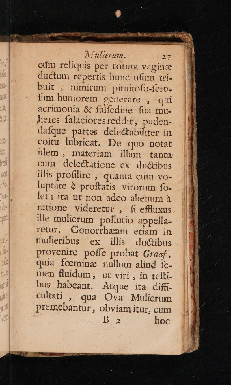 1: — - S € 2 M ulierum. 27 odm reliquis per totum vaginz ductum repertis hunc ufum tri- buit , nimirum pituitofo-fero- fum humorem generare , qui acrimonia & falfedine fua mu- lieres falaciores reddit, puden- dafque partes delectabiliter in coitu lubricat. De quo notat idem , materiam illam tanta cum delectatione ex dud&tibus illis profilire , quanta cum vo- luptate proftatis virorum fo- let; ita ut non adeo alienum à ratione videretur , íi effluxus ille mulierum pollutio appella- retur. Gonorrhzum etiam in mulieribus ex illis ductibus provenire pofle probat Graaf, quia foemina nullum aliud fe- men fluidum; ut viri , in tefti- bus habeant. Atque ita diffi cultati , qua Ova Mulierum premebantur, obviam itur, cum D a hoc