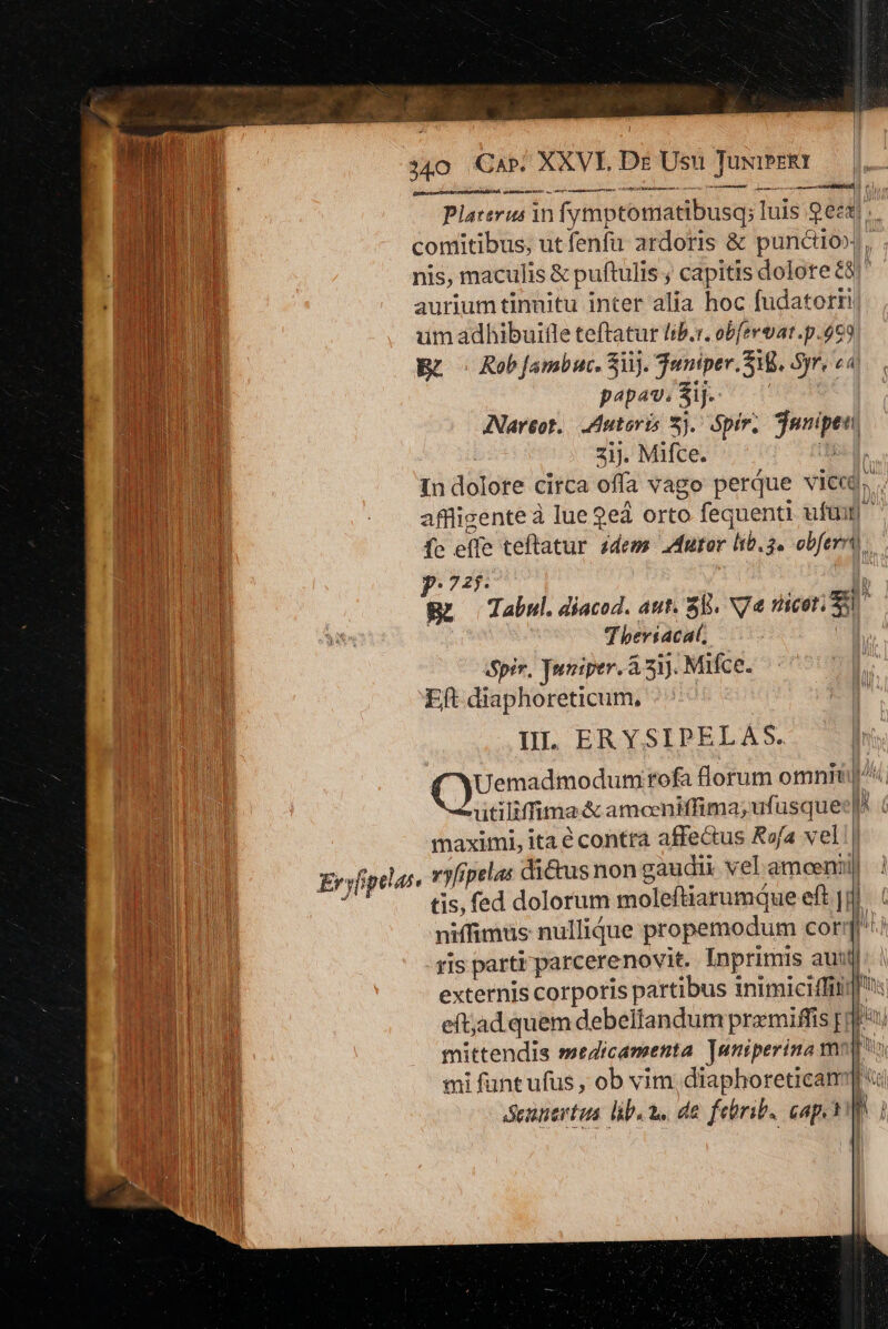 ponia n d o acti am rs e di PER Platerus in fymptomatibusq; luis 9eeaj comitibus, ut fenfu ardoris &amp; puncto», nis, maculis &amp; puftulis ; capitis dolote en aurium tinnitu inter alia hoc fudatorr üm adhibuifle teftatur lib.r. ob[evoat.p.959 Br 5 Rob Jambuc. $i. Juniper. 1B, Syr e|. | ani papav. Sij. ANareot.. Autoris 5). Spir, Sunipeu, 1d 3j. Mifce. des p. MNA In dolore circa offa vago perque viec. , NI affligente à lue 2e orto fequenti ufui 21 RM fc effe teftatur idem. duror lib. 3. obferrti nu pH dl. TUBE Br Tabul.diacod. aut. Sb. N74 nicer. S8 m Wi MS TT hersacat, d 1 ER Spir. Yumiper. à5ij. Mifce. ^ i Eft diaphoreticum, IL ERYSIPELAS. Ju 1 CU rofa lorum omnii T4  ütiliffima &amp; amceniffima; ufusquec| mu maximi, ita é contra affectus Rofa vel 1 MT Eryfiptlas. vyfipela: di&amp;us non gaudii vel. amcenii) Bn E tis, fed dolorum moleftiarumque eft |] aum niffimus nullidue propemodum corq: | ris parti parcerenovit. Inprimis autlj. 1 externis corporis partibus inimiciffii] mu n eftjad quem debellandum premiffis [ CUBADO! mittendis medicamenta. juniperina mno. BAD ub mi funt ufus , ob vim, diaphoretican] M Sesmertua lib. as da febrib. cap. i h ] n |