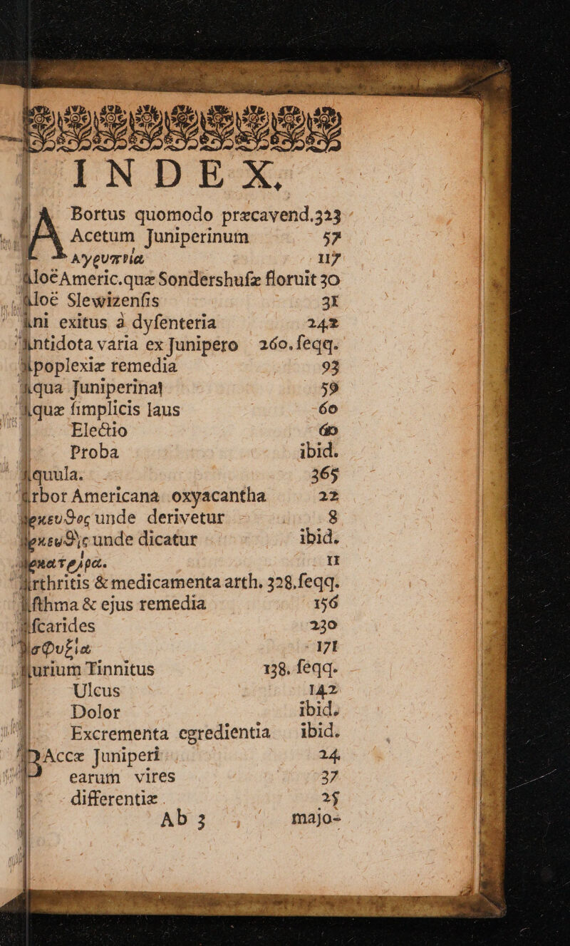 Beseseses [D INDE-X. [ A Bortus quomodo przcavend.333 Acetum juniperinum 57 A'yeuartia, 17 b «DU neic.omt Sondershufz floruit 30 | d Moé Slewizenfis 3X EP Anl exitus à dyfenteria 241 Bintidota varia ex Junipero | 26o. feqq. Jpoplexiz remedia 93 diqua Juniperinat 29 Aquz fimplicis laus 6o | Electio áo |^. Proba ibid. | Aquula. 365 Arbor Americana. oxyacantha 22 WexeuSecunde derivetur lgxeu-9 ; unde dicatur Hr de dena teipa. YI dirthritis &amp; medicamenta arth. 328, feqq. | Wfthma &amp; ejus remedia 156 I Aifcarides 220 * o 4 lrQvEia [NI Rurium Tinnitus 128. feqq. | | Ulcus 142 Dolor ibid, 1 Excrementa egredientia — ibid. IBAcee Juniperi 24. ] earum vires 37 | J| - differenti 2$ E  Ab 3 majo- p. . CORDE ERU RERRE .  tec dios VIALE Ais Ci b de m NE EU E ; VM. Ern e dE n VQ JT M err WP ELE DL e i AME S» ' PW X WR. c 7