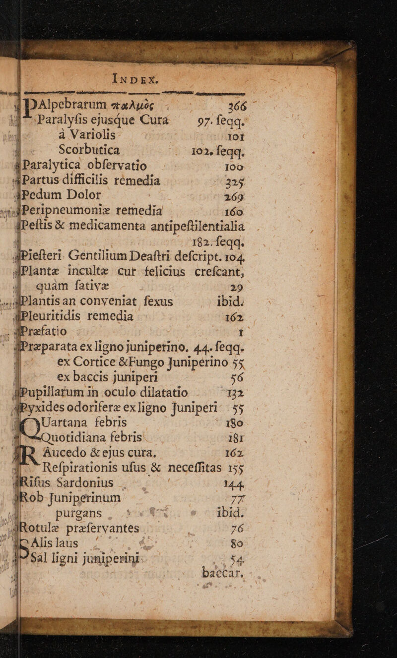 iyd. INDEX. d NIA TAÀWOS - 366 | Paralyf 1S ejusque Cura 97. feqq. | 1 à Variolis IOÍ Scorbutica 102, feqq. i Paralytica obfervatio 100 da Partus difficilis rémedia 225 dPedum Dolor 269 wigdPeripneumoniz remedia 160 | dPeltis &amp; medicamenta antipefüilentialia 182. feqq. dpiefteri Gentilium Deaftri defcript. 104. dPlante inculte cur felicius crefcant; 4. quam fativz 29 ,:APlantisan conveniat fexus ibid. T APleuritidis remedia 162 , dSPretatio I IPrzparata ex ligno juniperino. 44. feqq. ex Cortice ; &amp;Pungo Juniperino 55 | ex baccis Juniperi 56 dfPupillatum in oculo dilatatio 322 APyxides odoriferz exligno Juniperi: | 55 9M WUartana febris 180 Floor febris 181 [3 Aucedo &amp; ejus cura. 163. Refpirationis ufus &amp; neceffitas 155 E Sardonius 14.4. fRob Juniperinum 73! purgans , .: ibid. 3 ? fotu praferyantes 7 |a | - Mi Alis laus 80 — 2 | $al igni juniperini 54. P baccar. nS p—. we ds
