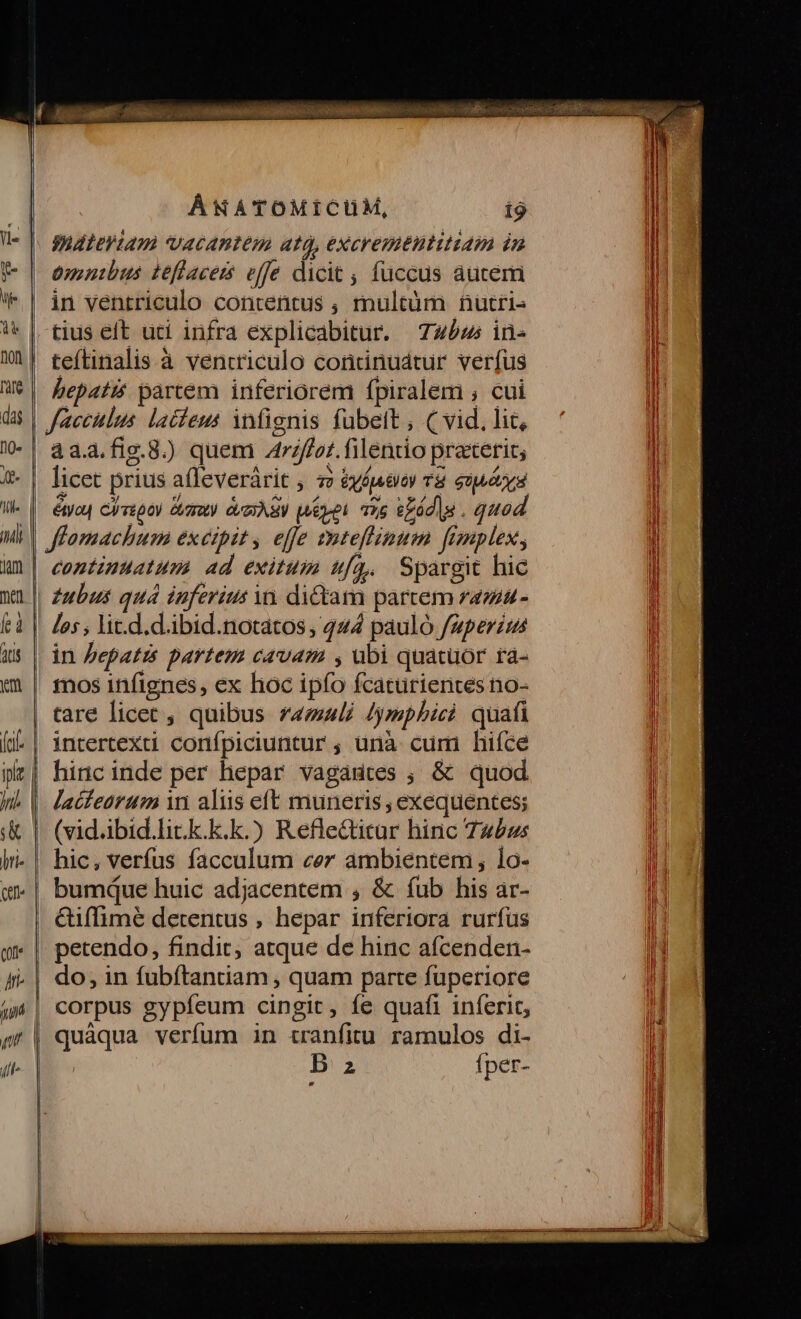 Io EI EL S ME ip jn | ;« hti- cu (ot lr un mut | s ÁNATOMICUM, omnibus teffacers effe dicit ; fuccus aucem in ventriculo contentus , multüm nütri- tius elt uci infra explicabitur. | 7454; in« teftinalis à vencriculo continudtur verfus bepatit partem inferiorem fpiralem ; cui Jacculus. lacieus infignis fubelt , ( vid, lit, 4a.a.fig.8) quem Arzffot.filentio praterit; licet prius a(leveràrit , 7z éyéiévoy v8 enuótya étyo Ci repo vat) QUY Weyel o6 ezddlg . quod zubus quá inferius vy dictam partem ramau- los ; lit.d.d.ibid.notatos, 444 pauló fuperius in Pepatis partem cavam , ubi quacuor rà- 1nos infignes, ex hoc ipfo fcaturientes no- tare licet , quibus z4/zli Jympbicà. quafi intertexti. confpiciuntur ; unà cum hifce hinc inde per hepar vagantes ; &amp; quod lacfearum wi aliis eft muneris , exequentes; (vid.ibid.lit.k.k.k.) Refle&amp;irur hinc 7452s hic, verfus facculum cer ambientem , lo- bumdque huic adjacentem , &amp; fub his ar- &amp;iffimé detentus , hepar inferiora rurfus petendo, findit, atque de hinc aícenden- do, in fubítantiam , quam parte fuperiore corpus gypfeum cingit, fe quafi inferit, quáqua verfum in tranfitu ramulos di- B z Íper-