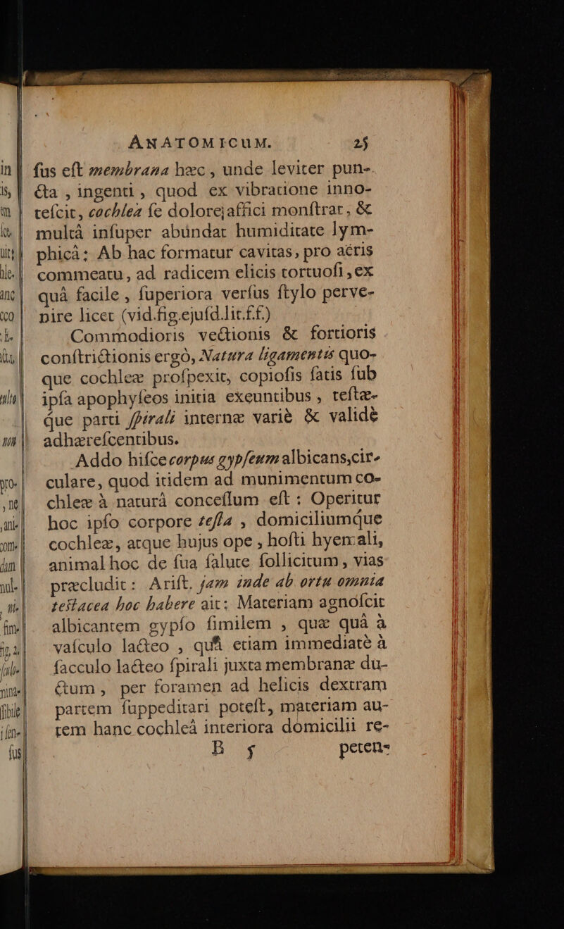 Anc | o- | It ; dfl« | oft ] í irl wl- | iu fime 14 [al | finde | fibi Tete. fus, ANATOMICUM. fus eft membrana hxc , unde leviter pun-. &amp;a ,ingenü , quod ex vibradione inno- teícit, cochlea fe dolorejaffici monftrar, &amp; multà infuper abündar humiditate ly m- phicà: Ab hac formatur cavitas, pro aeris commeatu, ad. radicem elicis tortuofi , ex quà facile , fuperiora verfus ftylo perve- pire licet (vid.fig.ejufd.lit.££) Commodioris vectionis &amp; fortioris conítri&amp;ionis ergó, Natura ligamentis quo- que cochlez profpexit, copiofis fatis fub ipfa apophyfeos initia exeuntibus , tefta- ue parti /firali interna: vari&amp; &amp; validé adhareícentibus. Addo hifcecorpus eyp/eum albicans,cir^ culare, quod itidem ad munimentum co- chlee à naturà conceflum eft : Operitut hoc ipfo corpore zeff4 , domiciliumque cochlez, atque hujus ope , hofti hyerali, animal hoc de fua falute follicitum , vias precludic: Arift. je» inde ab. ortu omnia teflacea boc habere aic; Materiam agnolcit albicantem gypfo fimilem , que quà à vaículo ladeo , qui edam immediaté à facculo la&amp;teo fpirali juxta membrane du- &amp;um , per foramen ad helicis dextram partem fuüppedirari potelt, materiam au- tem hanc cochleà interiora domicilii re- po peten-