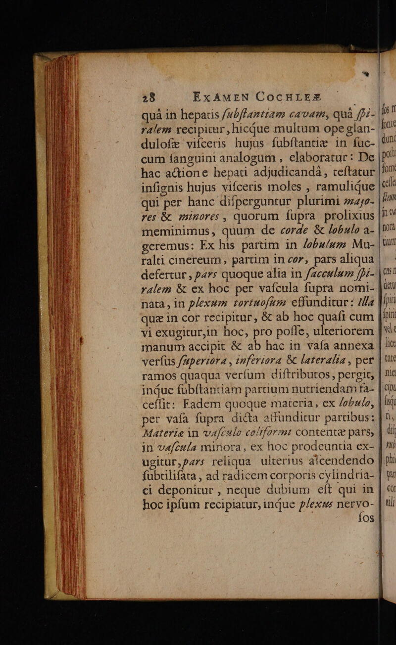 quà in hepatis /s5ffanttam cavam, quà fp ds f ralem recipicar, hicdue multum ope glan- foni dulofe vifceris hujus fübftantie in füc- 0 cum fanguini analogum , elaboratur: De | pot hac actione hepati adjudicanda, teftatur | fom infignis hujus vifceris moles , ramulique eti qui per hanc diíperguntur plurimi z2/2- | an res &amp; minores , quorum fupra prolixius |! meminimus, quum de cerae &amp; lobulo a- | geremus: Ex his partim in Jobu/uzz. Mu- | W* ralti cinereum, partim incer, parsaliqua |. : defertur , p4r* quoque alia in fzcesluro fpi- | ralem &amp; ex hoc per vafcula fupra nomi- | dau nata, in plexum tortuofum effunditur: 7 | fpii quz in cor recipitur, &amp; ab hoc quafi cum | fpi vi exugitur,in hoc, pro poffe, ulteriorem | vd manum accipit &amp; ab hac in vaía annexa | lic verfus f/aperzora , inferiora &amp; lateralia, per | at ramos quaqua verfum diftributos , pergic, | nid indue fübftanciam partium nutriendam fa- | cpi ceffit: Eadem quoque materia, ex /e/ulo, | Ist per vafa fupra dicta affunditur partibus: | t; Materig n vafculo co'tformi contente pars, | aii in vafcttla minora, ex hoc prodeuntia ex- | // ugitur,p47s reliqua. ulterius afcendendo | phi fübrilifata , ad radicem corporis cylindria- | qi ci deponitur , neque dubium eft qui in | &amp; hoc ipfum recipiatur, inque p/exus neryo- | t