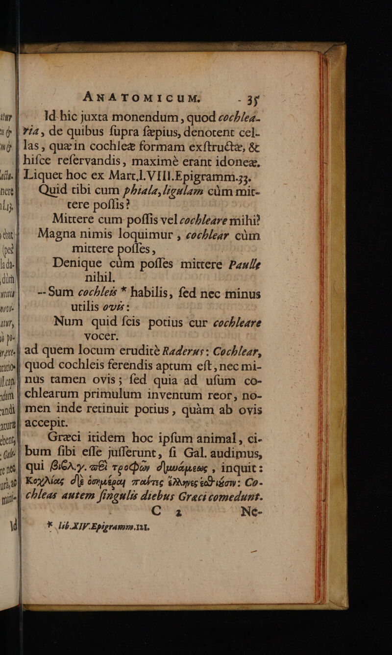 Id- hic juxta monendum , quod cecZ/e«- Wut AT, pte ramos] Jap vm andi At Gul t NS Quid tibi cum pAzala, ligula; cüm mit- cere poflis? Mittere cum poffis vel cocbleare mihi? Magna nimis loquimur , cochlear cüm mittere pofles , Denique cuüm poffes mittere Pau//e nihil. -- Sum cochleis * habilis, fed nec minus utilis oz: Num quid fcis potius cur cechbleare vocer. ad quem locum erudité Raderus: Cochlear, | quod cochleis ferendis aptum eft, nec mi- | nus tamen ovis; fed quia ad ufüm co- chlearum primulum inventum reor, no- | men inde retinuit porius , quàm ab ovis accepit. Greci itidem hoc ipfum animal , ci- bum fibi effe jüfferunt, fi Gal. audimus, | qui /9/6A.. 8i TpoCboy dup eene ; inquit : C a Ne-