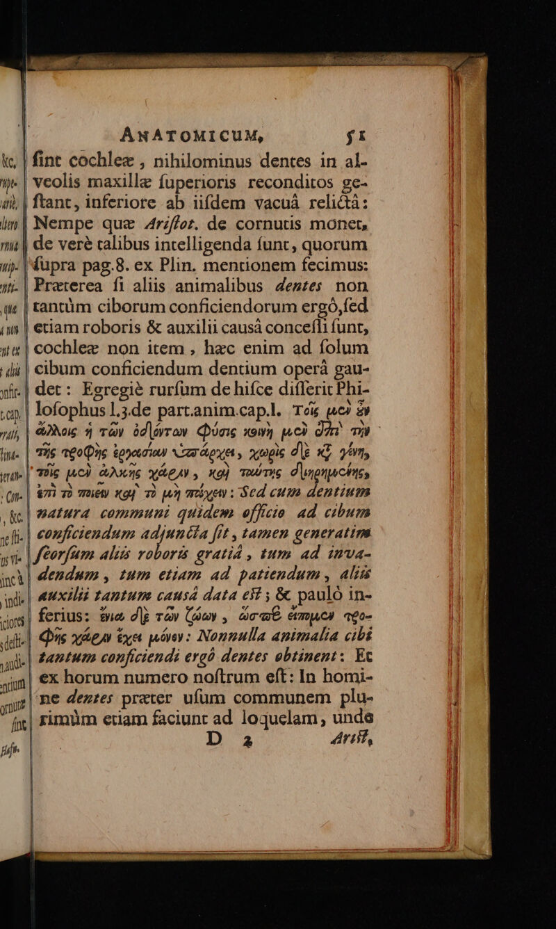 veolis maxille fuperioris reconditos ge- fupra pag.8. ex Plin. mentionem fecimus: tantüm ciborum conficiendorum ergó,fed etiam roboris &amp; auxilii causá conceíli funt, cochlee non item , hec enim ad folum cibum conficiendum dentium operá gau- det: Egregie rurfum de hiíce diflerit Phi- lofophus 1.3.de part.anim.cap.l. ok uc? à Tij t£0 Q3. ono Nrarayet, xmpis dE XP gat, Tüs c) A2oUpS Ae, xg] To THS P mpnacints, v7i 70 woe XgJ Ti Mn mixes: Sed cum dentium natura communi quidem efficie ad cibum feorfum alis roboris gratiá , tum ad inva- dendum , tum etiam ad patiendum , alit auxilii tantum causa data eif ; &amp;. pauló in- ferius: sna d|g ra» (oy , Grm ermpuc) aeo- Qyis xig exe jóiey : Nonnulla animalia cibi ex horum numero noftrum eft: In homi- ne deztes preter. ufum communem plu- rimum eriam faciunt ad loquelam , unde 2 Artif,