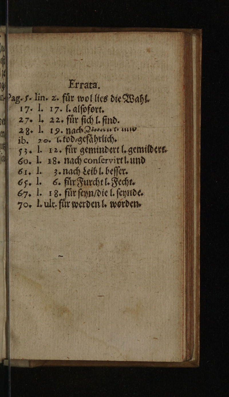    M Errata. IMag.s. lin, 2. für wol lies die Wahl. 17. 1. 17. Lalfofore, | 27. 1 22, für ſich l. find. m 28. l, 19. nach irre Gun | ib, 20, Trod⸗gefaͤhrlich. 53. 1. 72. fir gemindert l. gemildert. | 60, L 28» nach conſervirtl. und 61. J. 3. nach Leib l. beſſer. 65. J. 6. fuͤr Furcht l. Fecht. 67. J. 18. fuͤr ſeyn / die l. ſeynde. 70. kLule fuͤr werden l. worden 