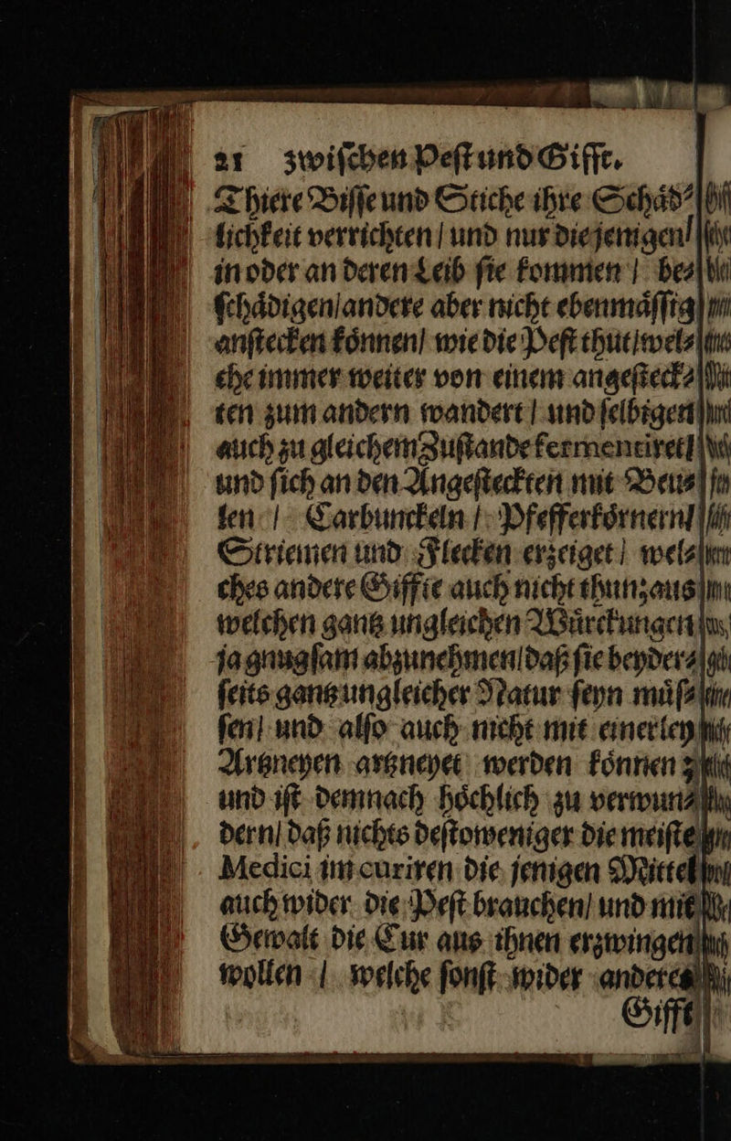 — — — ee    ar swilcben Peſtund Gifft. | Thiere Biffeund Stiche ihre Schaͤd⸗ lichkeit verrichten | und nusdiejenigenl|lir in oder an deren Leib ſie kommen beaihii gen zum andern mandere und ſelbigetn auch zu gleichem uſtande fermentiretl ſi und fich an den Angeſteckten mit Beu⸗ ſen und alſo auch mieht mie einerley Artzneyen artzneyet werden koͤnnen und iſt demnach hoͤchlich zu verwun⸗ dern / daß nichts deſtowemger Die meiſte Mediei im curiren die jenigen Mittel auch wider die Peſt brauchen / und mit Gewalt Die. Eur ans ihnen erzwingen wollen / welche fonft wider andetee rk
