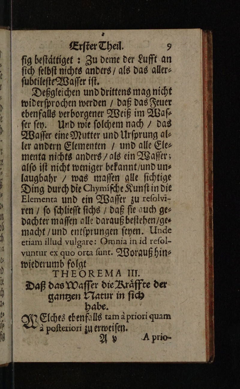   Erſter Theil, 9 fig beftättiget : Zu deme der Lufft an fich ſelbſt nichts anders / als Das aller- fubtilefte Waſſer if. Deßgleichen und drittens mag nicht widerſprochen werden / daß das Feuer ebenfalls verborgener Weiß im Waſ⸗ fer ſey. Und wie ſolchem nach / das Waſſer eine Mutter und Urſprung al⸗ fer andern Elementen / und alle Ele⸗ menta nichts anders / als ein Waſſer; alfo ift nicht weniger befannt/und uns laugbahr / was maſſen alle fichtige Ding durch die Chymifche Kunft indie Elementa und ein IBalfer zu refolvi- ren / fo fehliefft ſichs / daß fie auch ge- dachter maffen alle darauß beſtehen / ge⸗ macht / und entſprungen ſeyen. Unde etiam illud vulgare: Omnia in id refol- vuntur ex quo orta ſunt. Worauß hin: wiederumb folgt THEOREMAII. Daß das Waſſer die Kraͤffte der ganzen EN in ſich abe | a poftexiori zu erroeifen. As A prio-                             