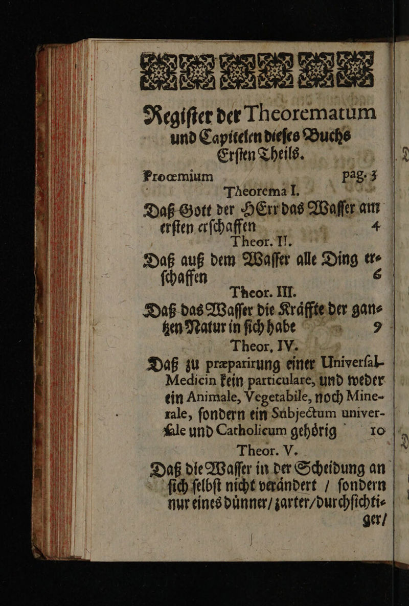  send | Reha Regiſter der Theorcmatum und Capitelen dieſes Buche Erſten Theils. Proamium pag; 3 Theoremal. Daß Gott der HErr das Waſſer erſten erſchaffen heor.T!. Daß auß dem Waſſer alle Ding Br ſchaffen Theor. II. Daß das Waſſer Die Kraͤffte der gan⸗ tzen Natur in ſich habe — Theor, IV. Daß zu prparirung einer Univerfal- Medicin fein particulare, und weder ein Animale, Vegetabile, noch Mine- zale, fondern ein Subjedtum univer- | Ale und Catholicum gehörig 10 Dog die Waſſer in der Scheidung an ſich ſelbſt nicht veraͤndert / ſondern mur eines duͤnner / zarter / durchſichti⸗ ger / 