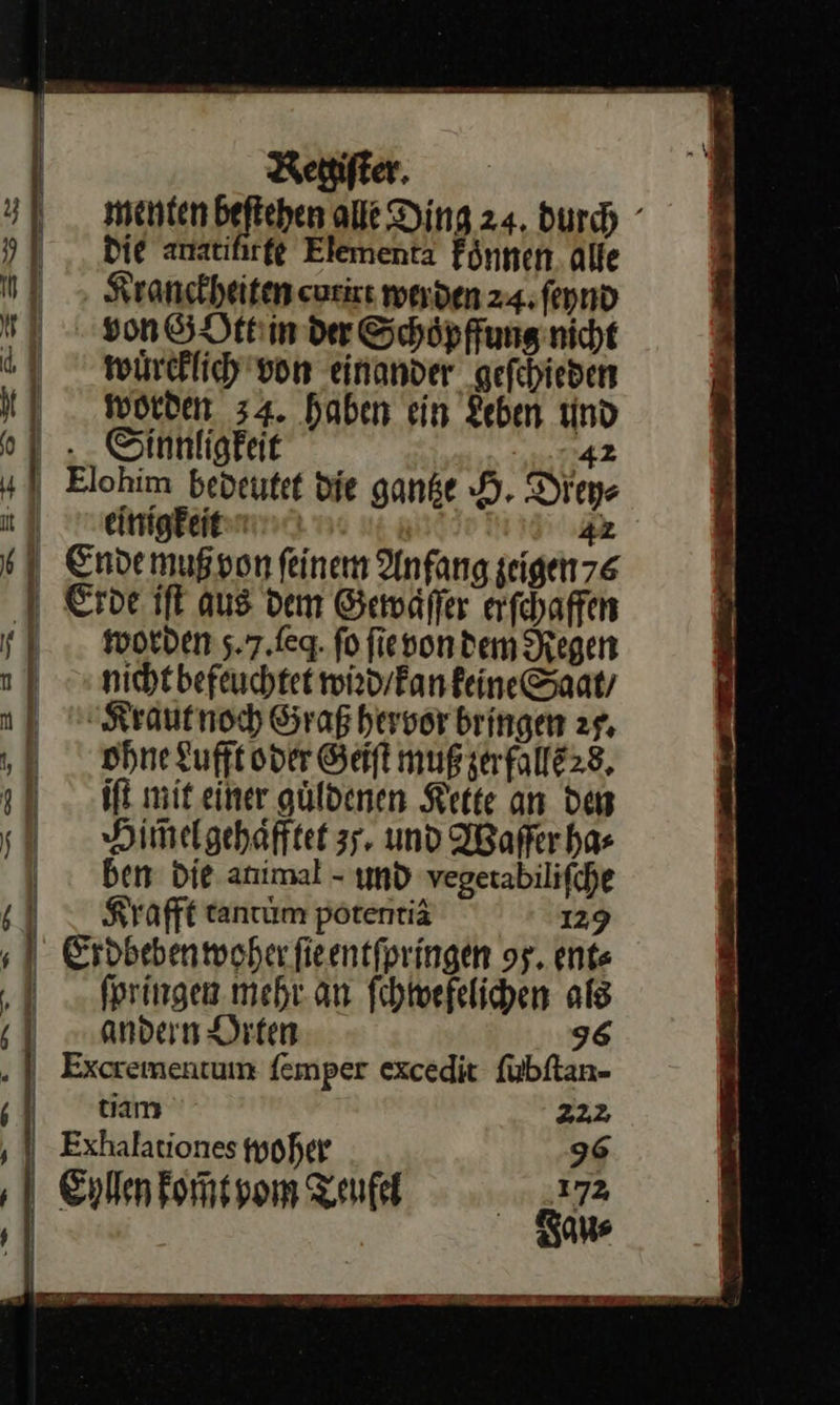 nn u — — ——  Reifen, mentenbeftehen alle Ding 24. durch ° die amatifirfe Elementa fönnen. alle Kranskheiten curirt werden 24. ſeynd wuͤrcklich von einander geſchieden worden 34. haben ein Leben und Sinnligkeit 42 +) Elohim bedeutet die gantze H. Dreh⸗ einigkeit 42 Ende muß von feinem Anfang zeigen 76 Erde iſt aus dem Gewaͤſſer erſchaffen worden 5.7.leq. fo ſi von dem Regen nicht befeuchtet wird / kan keine Saat / Kraut noch Graß hervor bringen 2y. ohne Lufft oder Geiſt muß zerfallẽ 28. iſt mit einer güldenen Kette an den Hielgehäfftet 35, und IBafferhas ben Die. animal - und vegerabilifche 4) Krafft tantum potentiä 129 ‚I Erdbebenmwoherfieentfpringen o5. ent⸗ ſpringen mehr. an fihtwefelichen als   andern Orten 56 „1 Excrementum ſemper excedit ſubſtan- | tiam 222 Exhalationes woher 96   7 zu — —— nn en — — —  Eollen komt pom Teufel Fau⸗