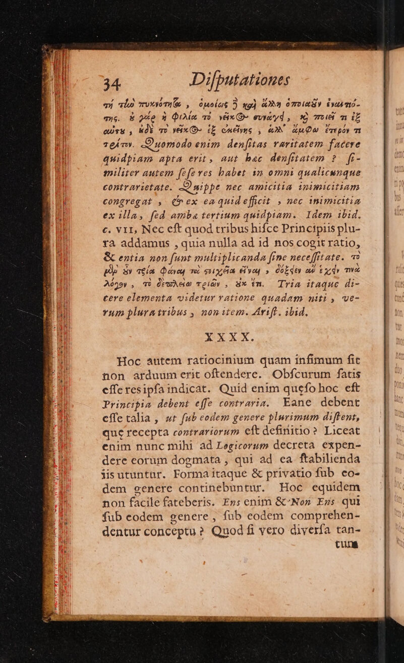 qi vio muxyoTI E , OMelat ?) xg) «2h» o7» EAM TIÓ- qug. &amp; 94e 4 Qux v). véix D» evyutyd ,. 1 rie m i£ quis , KÓY To VEIX(O- ££ coEiyue , ON Au Frepoy m vem. Duomodo enim. den[itas varitatem facere quidpiam apta erit, aut bac denfitatem ?. fi- militer autem fefe ves babet 12 omni qualicunque contrarietate. Quippe nec amicitia inimicitiam congregat , (rex eaquid efficit » nec inimicitia ex illa, fed amba tertium quidpiam. Idem ibid. c. V11, Nec eft quod tribus hifce Principiis plu- tà addamus , quia nulla ad id nos cogit ratio, &amp; entia non funt multiplicanda fine neceffitate. 2 m xy q€ io Q «yes ni suix eia &amp; yo » óóEdey a T TW Aó9ov , 4) QrwAeo TElÀV , 3x tn. TriA itaque di- cere elementa «videtur vatione quadam niti ,. ve- Yum pluratvibus , nonitem. Arift. ibid. XXXX. Hoc autem ratiocinium quam infimum fit non arduum erit oftendere. Obfcurum fatis effe resipfaindicat. Quid enim quefo hoc eft Principia debent effe contraria, Eane debent cffe calia , «t fub eodem genere plurimum diftent, que recepta coztrariorum eft definino? Liceat enim nunc mihi ad Legicorum decreta expen- dere eorum dogmata , qui ad ea ftabilienda iisutuntur. Formaitaque &amp; privatio fub eo- dem eenere continebuntur. Hoc equidem non facile fateberis. Ers enim &amp;^No» Ews qui fub eodem genere, fub eodem comprehen- dentur conceptu ? Quod fi vero diverfa tan- cung