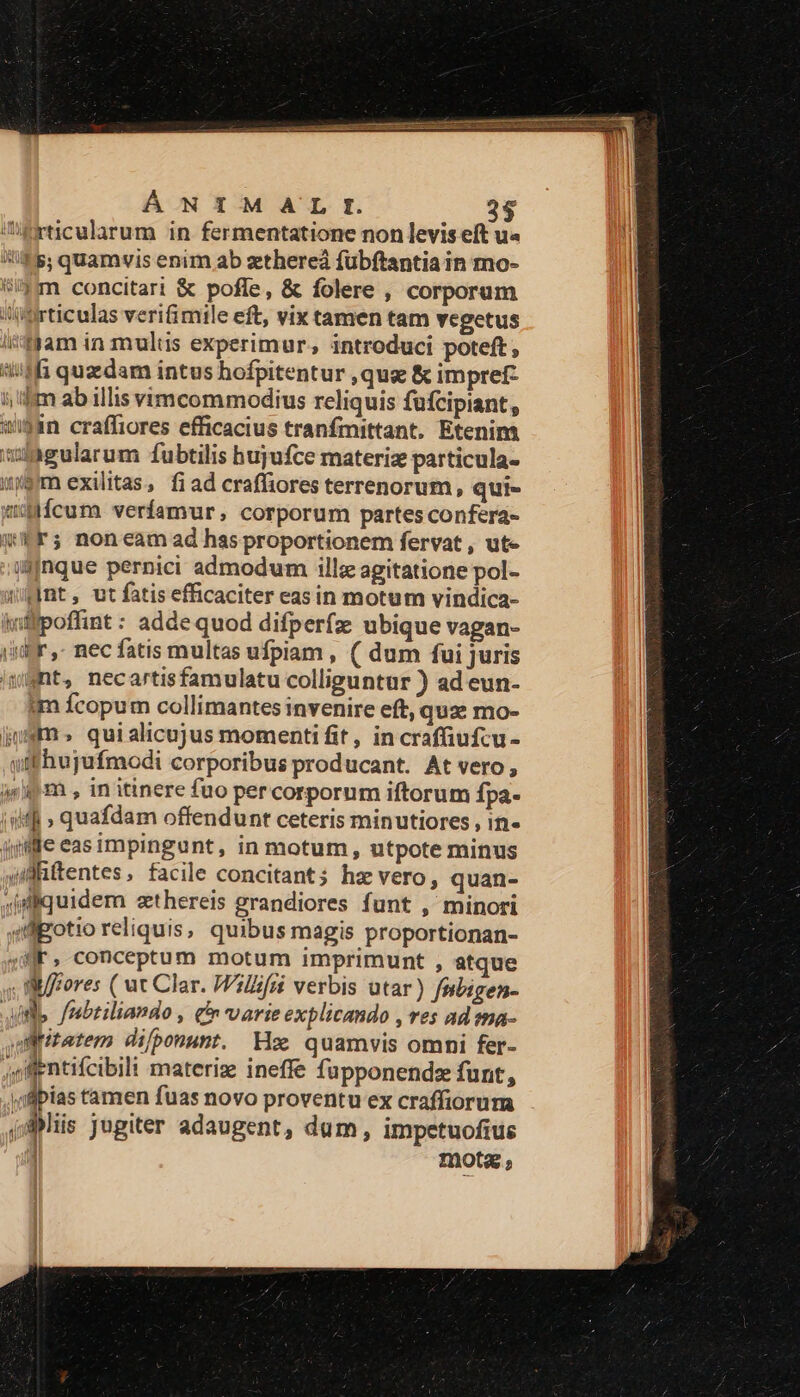 rticularum in fermentatione non levis eft u« fis; quamvis enim ab zthereá fubftantia in mo- i5 concitari & pofle, & folere , corporum warticulas verifimile eft, vix tamen tam vegetus i/dyam in mulus experimur, introduci poteft, «fi quzdam intus hofpitentur , qua & impret- i, '!m ab illis vimcommodius reliquis fufcipiant, 1i83n craffiores efficacius tranfmittant. Etenim singularum fubtilis hujufce materiz particula- 9m exilitas, fiad craffiores terrenorum, qui- ícum verfamur, corporum partesconfera- W*F; noneam ad hasproportionem fervat , ute ijnque pernici admodum illz agitatione pol- nt, ut fatis efficaciter easin motum vindica- wifpoffint : adde quod difperfz ubique vagan- icr ,- nec fatis multas ufpiam , ( dum fui juris imt, necartisfamulatu colliguntur ) ad eun- ium fcopum collimantes invenire eft, quz mo- jum. quialicujus momenti fit, in craffiufcu- vif hujufmodi corporibus producant. At vero, jeu m , in itinere fuo percorporum iftorum fpa- iuf quafdam offendunt ceteris minutiores , in- jj fM€ eas impingunt, in motum, utpote minus uüiftentes, facile concitants hz vero, quan- jWquidem szthereis grandiores funt , minori sigotio reliquis, quibus magis proportionan- 4WNF, conceptum motum imprimunt , atque «sores ( ut Clar. Vilifri verbis utar) fabigen- ilo fubtiliando , £f varieexplicando , res ad tna- aititetem difponunt. Hx quamvis omni fer- jnffentifcibili materiz ineffe füpponends funt, y lpias tamen fuas novo proventu ex craffiorum (Miis Jugiter adaugent, dum, impetuofiue 4 mota ;