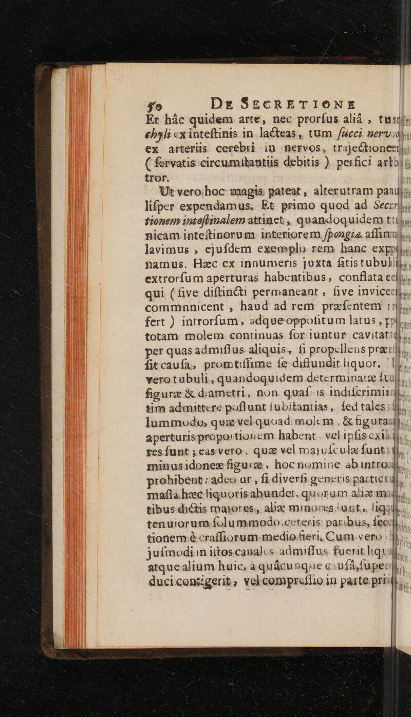$'o Dg SzcnETIONE | Er hác quidem arte, nec proríus aliá , tust €byli «xinteftinis in laCteas, tum /ueci nervt ex arteriis cerebri in nervos, trajeclioneei|; ( fervatis circumitantiis debitis ). perfici arbi i tror. ' Ut vero.hoc vaagis pateat, alterutram pauijj: lifper expendamus. Et primo quod ad Secr; tionem inteftinalem attinet ,, quandoquidem ttis; nicam inteftinorum interiorem /Pongia, affinup,.. lavimus , ejufdem exemplo rem hanc exppi namus. Hzc ex innumeris juxta fitistubulli,. extrorfum aperturas habentibus, conflata eelj.i qui (five diftin&amp;i permaneant , five invicecfj,, commnnicent , haud ad rem przíentem ij f fert ) introrfum, adqueoppotitum latus , ppl, totam molem continuas for iuntur cavitatià),. per quas admiflus aliquis, fi propclleus praerlli., fitcaufa, promtiffime íe diffundit liquor. 1 vero t abuli, quandoquidem determinat fvu figura &amp; d:ametri, non quaf.is indifcrimina tim admittere poflunt lubítanuas , fed tales:1j, lummodo; quz vel quoad: molcm , &amp; figura: aperturis proportionem babent. vel ipfis cxi res funt ; eas vero, qua vel majuículz funt minusidonez figurze , hoc nomine abintroii rohibent : adeo ur , fi diverfi generis partici mafla hzc liquorisabundet, quorum alieqmog.. tibus.dictis mayores, alie minores uot, liga. tenuiorum-folummodo.ceteris: paribus, fecc|], tionem.à craffiorum medio fieri, Cum. vero |]; jufmodi.in iitos.canalcs admiffus fuerit liqi ll. | atque alium huic, à quácu que c. ufá,fuperd; duciconzgerit, velcompr«flio in paste pris, ey TP 2 m. E ipm enn Jg —— £2 — - C ——— zu - z I2 £3 ———