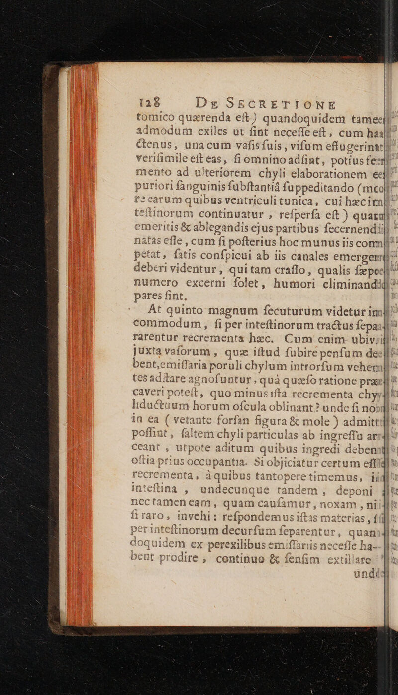 mento ad ulteriorem chyli elaborationem ee purtori fanguinis fübftanuá fuppeditando (mco|| r*earum quibus ventriculitunica, cui hecir tef'inorum continuatur , refperfa eft ) quazul eritis &amp; ablegandis ejus partibus fecernendiil)  iatas efle , cum fi pofterius hoc munus iis conn! petat, fitis confpicui ab iis canales emergernl deberi videntur, quitam craffo, qualis Íepeet numero excerni folet, humori eliminandidl? pares fint. Át quinto magnum fecuturum videtur im] commodum ,, fi per inteftinorum tractus fepas rarentur recrementa hec. Cum enim- ubivi juxta vaforum , quz iftud fubire penfum de bent,emiffaria poruli chylum introrfum vehen tes aditare agnofuntur , quà quzefo ratione praeell caveri poteft, quo minusifta recrementa chy liductuum oícula oblinant? unde fi noi ^ vetant an figura &amp; mole ) admitt b ingreffu ar L| IntéitinA , t nectamen eam, 04 ro, invehi: refponde t per inteftinorum decurfum feparentur, doquidem ex perexilibus emiffariis necefle ] Dent prodire , continuo &amp; fenfim exti