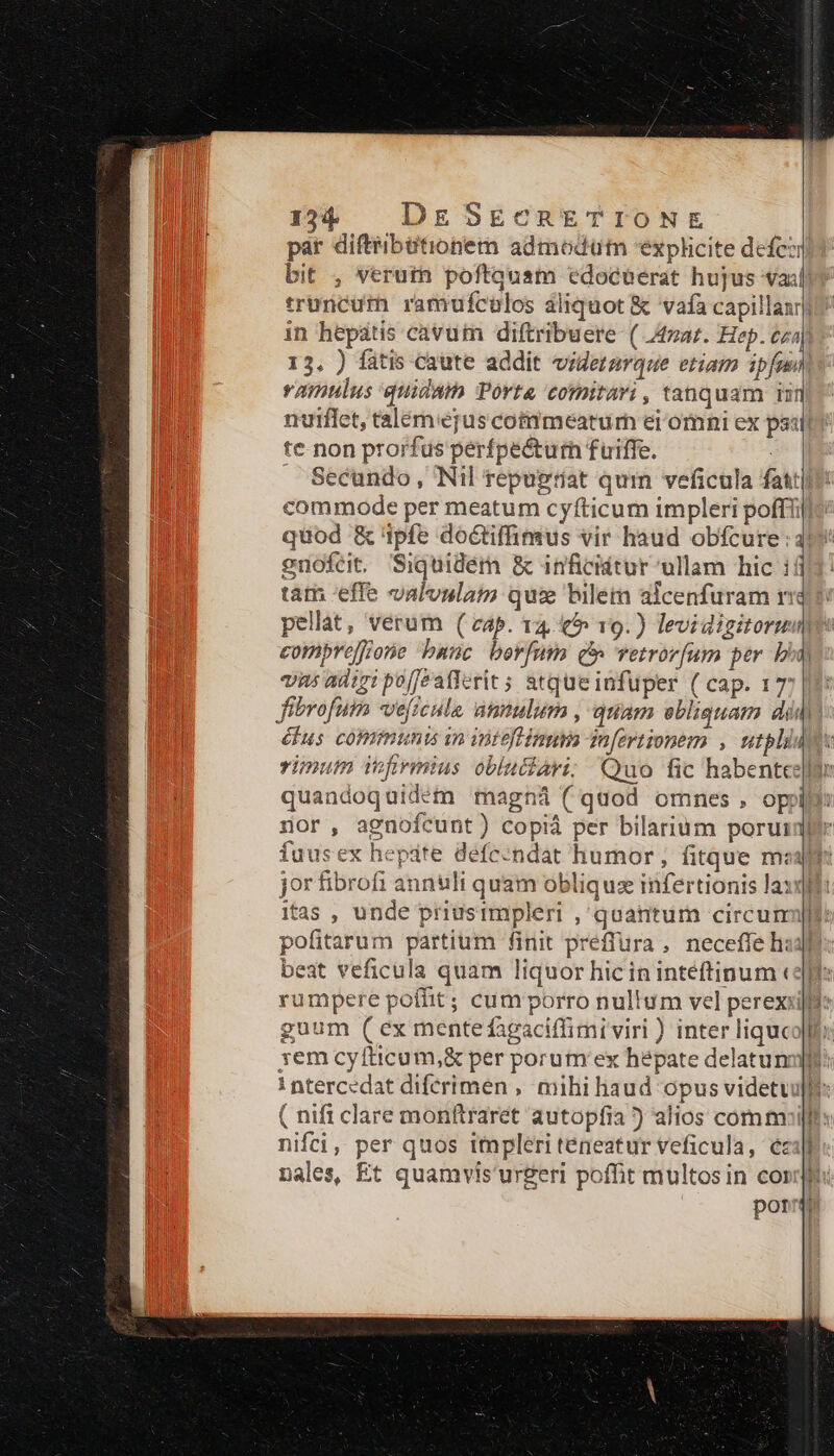 13$ DESECRETIONE par diftribütionem admodüt explicite defez bit , veruim poftquam edocuerat hujus va: in hepátis cavum diftribuere ( Arat. Hep. tza vamulus quida Porta comirari, tanquam inm te non prorfus perfpeótutn fuiffe. : commode per meatum cyfticum impleri poffii enofeüt. Siquidém &amp; inficiátur ullam hic 1f tati effe valvnulam qux bilera alcenfuram rid compreffiorie punc berfum e retror[um per bia vis adiripofeatferit; atqueinfuper ( cap. 17 92 amm s quandoquidem magná (quod omnes, op nor, agnofcunt) copiá per bilarium porui fuusex hepdte defe:ndat humor , fitque m: jor fibrofi annuli quam obliquz infertionis la: ' i d pofitarum partium finit preffura, neceffe h: guum ( ex mentefagaciffimi viri ) inter liqu« i ntercedat diferimen , mihi liaud opus videtui ( nifi clare monftrarét autopfia ) alios commi nifti, per quos impleri teneatur veficula, c: nales, Et quamvis'ur£eri poffit multos in coi por