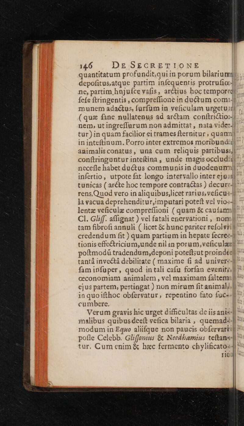 ( quz fane nullatenus ad arctam conftrictioo4 | animalis conatus, una cum reliquis partibuss, tunicas ( arcte hoc tempore contra&amp;tas ) decur. rensQuod vero in aliquibus,licet rarius; veficus- ]a vacua deprehenditur,imputari poteft vel vio»- tam fibrofi annuli ( licet &amp; hunc pariter refol vii credendum fit ) quam partium in hepate fecre-- tantá invectá debilitate ( maxime fi ad. univer: fam infuper, quod in tali cafu forfan evenity; oeconomiam animalem , vel maximam faltem ejus partem, pestingat ) non mirum fit animal; in quoifthoc obfervatur, repentino fato fuc- cumbere. Verum gravis hic urget difficultas de iisanis- malibus quibus deeft vefica bilaria , quemad« modum in Eqzo aliifque non paucis obfervarti pofle Celebb. Gliffonius &amp; Needbamius teftans: tur. Cum enim &amp; hxc fermento chylificato: ric