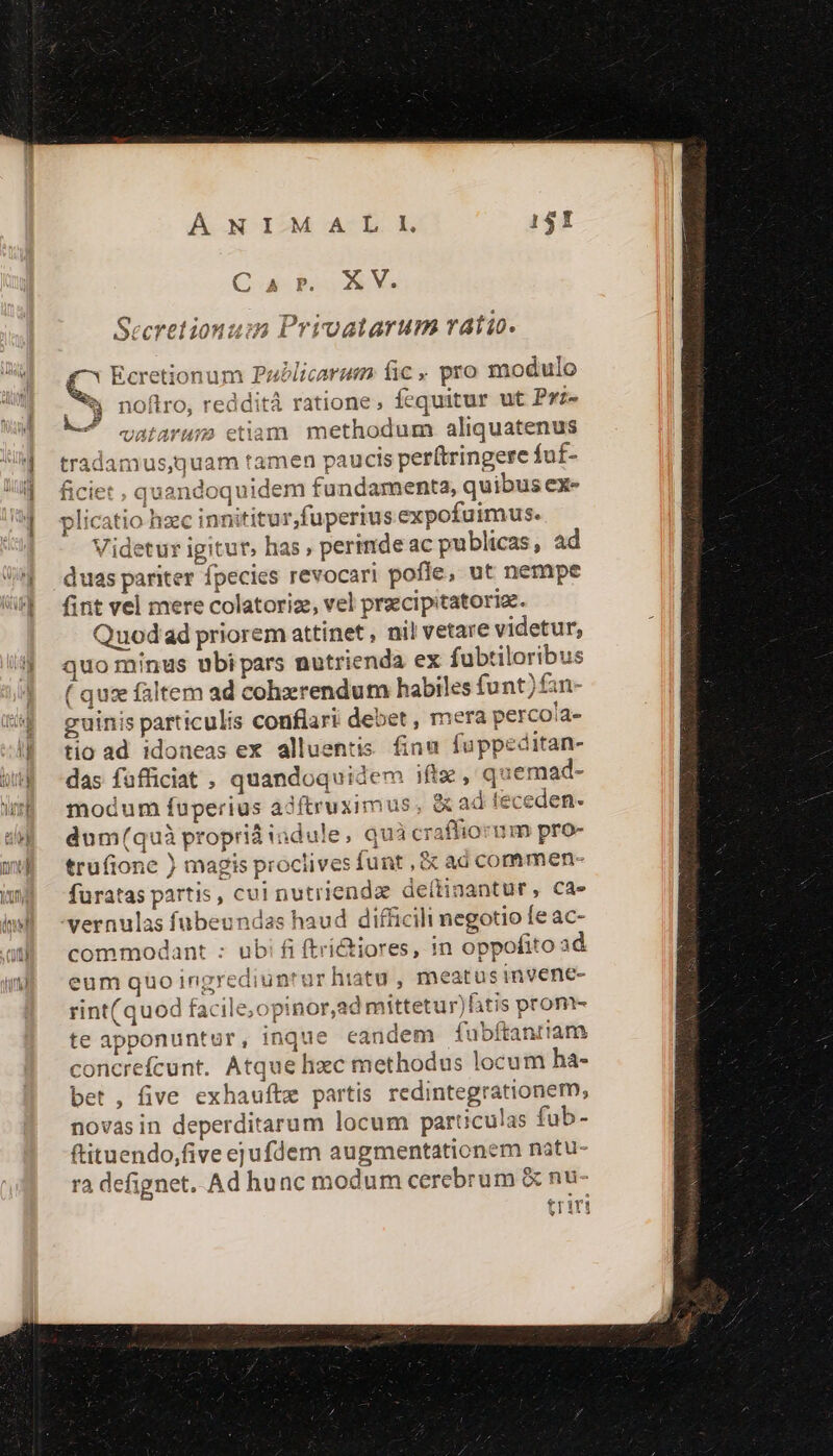 A NIMM AL OL 141 Qd Bos 28 Mo Secretionum Privatarum ratio. * $, |cretionum Publicarum fic , pro modulo LE » noftro, redditá ratione, fequitur ut Prz- ^ datarum etiam methodum aliquatenus radamus,quam tamen paucis perftringere fuf- ficiet , quandoquidem fundamenta, quibus ex- plicatio hzc innititur,fuperius expofuimus. Videtur igitur, has , perinde ac publicas, ad duas pariter fpecies revocari pofle, ut nempe fint vel mere colatoriz, vel precipitatorize. Quod ad priorem attinet , nil vetare videtur, quo minus ubi pars nutrienda ex fubtiloribus ( quz faltem ad cohzerendum habiles funt) fan- guinis particulis conflari debet, mera percola- dum(quà propridindule, quà craffiorum pro- eum quoingrediuntur hiatu , meatusinvenea- rint(quod facile,opinor,ad mittetur)fitis prom- te apponuntur, inque candem fubftantiam concrefcunt. Atque hac methodus locum ha- bet, five exhauftz partis redintegrationem, novas in deperditarum locum particulas fub- ftituendo,five ejufdem augmentationem natu- ra defignet. Ad hunc modum cerebrum &amp; nu- triri
