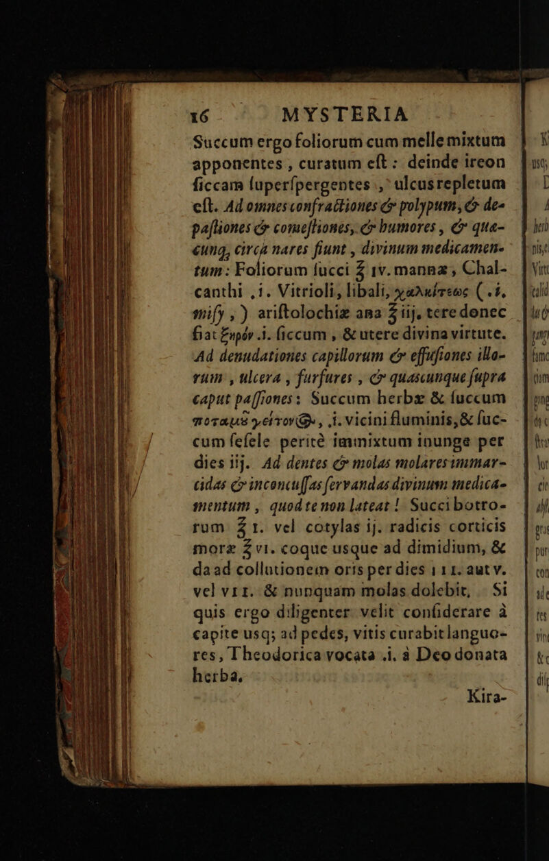 Succum ergofoliorum cum melle mixtum apponentes , curatum eft: deinde ireon ficcam luperfpergentes , ulcusrepletum eíl. Ad omaes confra&tiones & polypum, C de- pa[lones & comefHones, c bumores , & que- €ung, circa nares fiunt , divinum medicamen- tum: Foliorum fucci 2 1v. mannz , Chal- canthi i. Vitrioli, libali, aAwéreoc ( . 5. tmhify ,) ariftolochiz ana 2 iij, tere donec fat Eupóy .1. (iccum , & utere divina virtute. Ad denudationes capillorum c effufiones ila- Yu: , ulcera , farfures , c quascunque fupra caput pa(fioness Succum herbz & fuccum moTAU8 yel TO Gs , i. vicini fluminis,& fuc- cum fefele perité immixtum inunge per dies iij. Ad dentes c molas molaresummar- cidas c incencuffas (ervandas divinum medica mentum , quod tenon lateat ! Succibotro- rum. £2 t. vcl cotylas ij. radicis corticis morz 2 vi. coque usque ad dimidium, & daad collutioneim oris per dies 111. aut v. vel vr 1. & nunquam molas dolcbit, | Si quis ergo diligenter. velit coníiderare à capite usq; ad pedes, vitis curabitlanguo- res, l'heodorica vocata .i. à Deo donata herba, Kira-