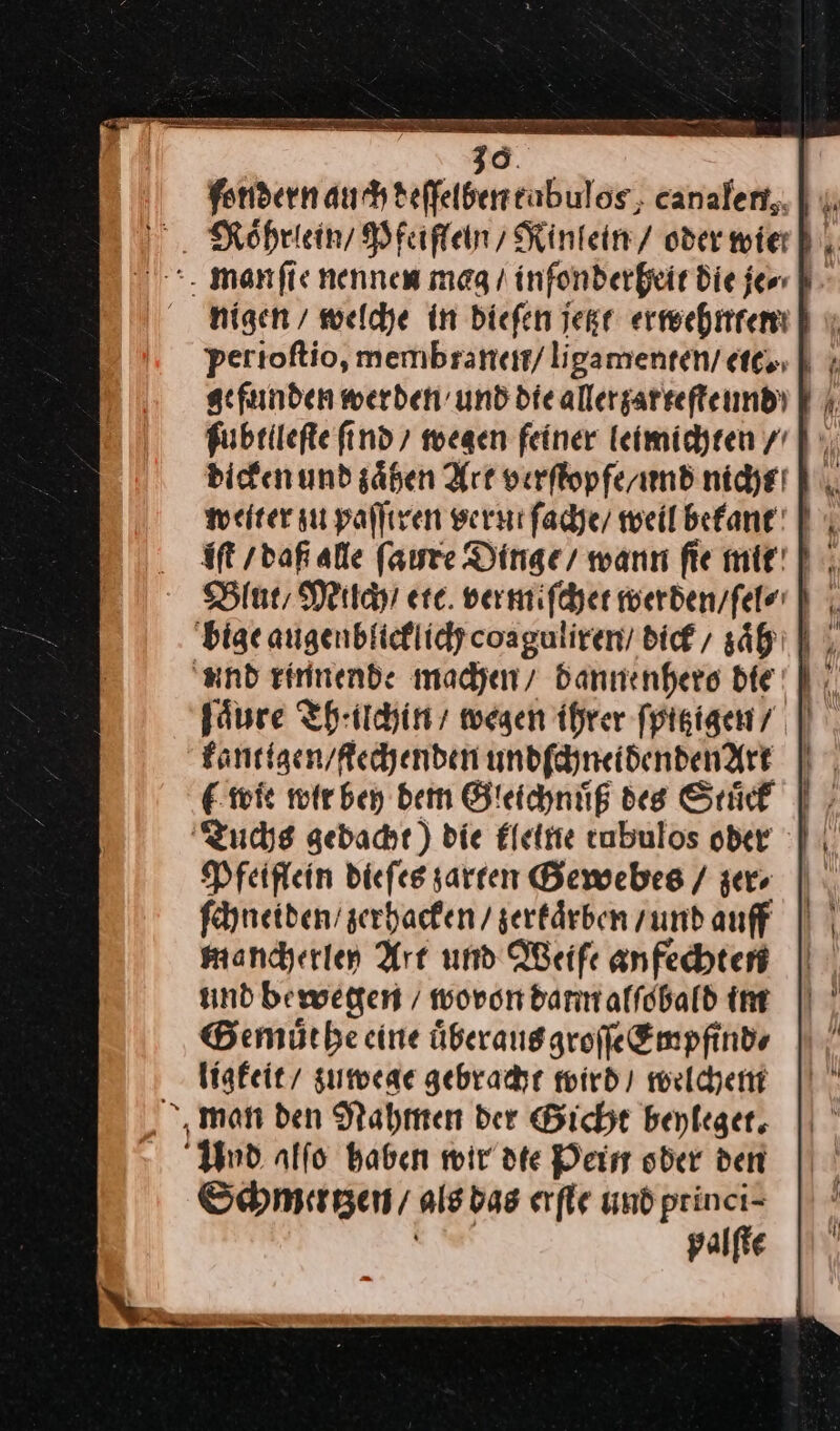 3 fondern auch deſſelben rabulos canalert,; | ı, perioſtio, membranen / ligamenten / eit. gefunden werben’ und die allerzattefſte und/ ſubtileſte ſind wegen feiner leimichten / hi iſt / daß alle ſaure Dinge / wann fie mie! | Blut/Milch / etc. vermiſchet werden / ſel⸗ bige augenblicklich coaguliren / dick, zaͤh ‚and rinnende madjen/ dannenhero die MM ſaͤure Thilchin / wegen ihrer ſpitzigen | kantigen / ſtechenden undſchneidendenart £ wie wir bey dem Gleichnuͤß des Sruͤck Tuchs gedacht) die kleine tubulos oder Pfeiflein dieſes zarten Gewebes / zer⸗ ſchneiden / zerhacken / zerkaͤrben / und auff mancherley Art und Weiſe anfechten und bewegen / wovon dann alſobald im Gemuͤt he eine uͤberaus groſſe Empfind⸗ ligkeit / zuwege gebracht wird / welchem man den Nahmen ber Gicht beyleget. Und alſo haben wir'dte Pein oder den Schmerzen, als das erfle und princi- palſte