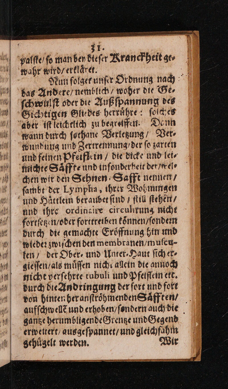 J alſte / ſo man bey dieſer Kranckheit ge an folget unſer Ordnung nach Mi Bag Andere / nemblich woher die Ger ſſchwulſt oder die Außfpannung des Geichtigen Altedes herruͤhre: foldies und feinen Pfeiflein / die dicke und let⸗ | farhbe der Lympha , three Wohnungen 1) “nd Huͤttlem berauber find ı ſtil ſtehen / und thre ordinsire cireuhrung nicht fortfegenyober forttreiben koͤnnen / ſonderm hurch die gemachte Eröffnung hin und wieder zwiſchen den membranen / mulcu⸗ len / der Ober⸗ und Unter⸗Haut ſich er⸗ sicht verfehrte rubuli und Pfeiflein ett. durch die Andringung der fore und fort von hinter heranftröhmendenSäfften/ aufſchwellẽ und erhoben / ſondern auch die gantze herumbligende Grenze und Gegend |. erweitere, ausgefpannet/ und gleichſahm ı| gehligelt werben. Wir