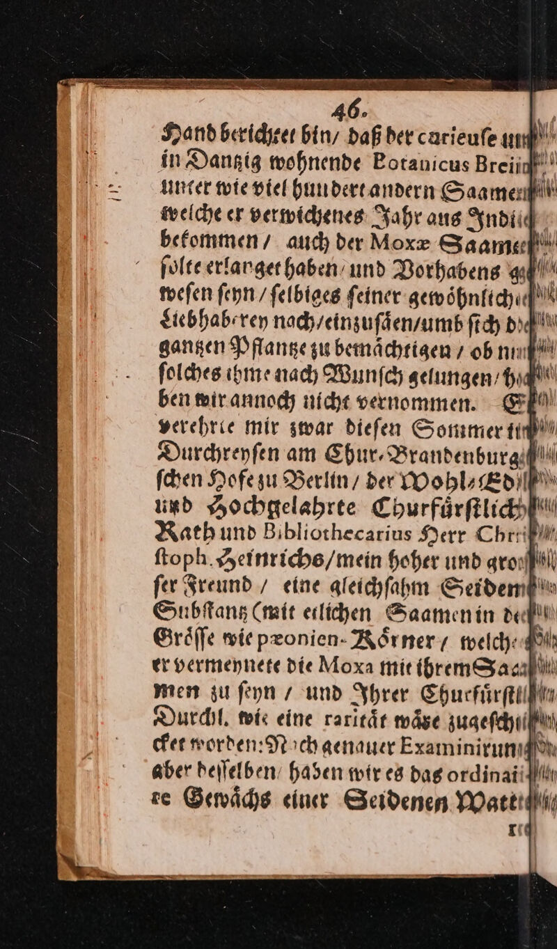 46. Hand berichtet bin, daß ber carieufe um in Dangig mohnende Botanicus Breiid) —* unter wie viel hundert andern Saame welche er verwichenes Fahr aus Indiid befommen/ auch der Moxz Saame F ſolte erlanget haben’ und Vorhabens gg!‘ weſen ſeyn / ſelbiges ſeiner gewoͤhnlich · Liebhab⸗ rey nach / ein zuſaen / umb ſich Didi ganzen Pflanze zu bemaͤchtigen 7 ob nun ſolches ihme nach Wunſch gelungen’ Hal ben wir annoch nicht vernommen. | yerehrie mir zwar dieſen Sommer it Mi Durchrenfen am Chur. Brandenburg ſchen Hofe zu Berlin der Wohl⸗Ed und Hochgelahrte Churfuͤrſtlich Rath und Bibliothecarius Herr Cbrii ſtoph Heinrichs / mein hoher und groh fer Freund / eine gleichſahm Seiden Subſtantz (mit etlichen Saamen in de u) Graͤſſe wie pzonien- Rörnery welch: — er vermeynete Die Moxa mit ihremSa A men zu ſeyn / und Ihrer Churkürftillit Durchl. wie eine raritaͤt mäse zugefchuilfi cket worden: Noch genauer Examinirumı w aber beſſelben haben wir es das ordinai Mk se Gewaͤchs einer Seidenen Watt zig