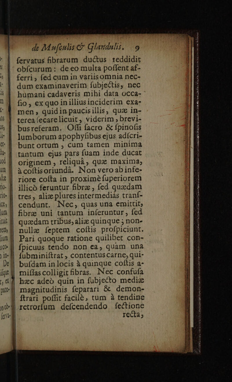 fervatus fibrarum ductus reddidit obfícurum : de eo multa poflent af- ferri, fed cum in variisomnia nec- dum examinaverim fíubjectis, nec fio, exquo inilliusinciderim exa- men , quidin paucisillis, quz in- terea (ecarelicuit, viderim , brevi- busreferam. Offi facro &amp; fpinofis lumborum apophyfibus ejus adícri- bunt ortum , cum tamen minima tantum ejus pars fuam inde ducat originem , reliquà, quz maxima; àcoftisoriundà. Non vero abinfe- riore coíta in proximé fuperiorem illico feruntur fibrz , fed quaedam tres , alize plures intermediás tranf- cendunt. Nec, quas una emittit; ] fibre uni tantum inferuntur , fed nulle feptem coftis profpiciunt. Pari quoque ratione quilibet con- l * j ' l i | fubminiftrat , contentus carne, qui- | magnitudinis feparari &amp;&amp; demon- | ftrari poffit facilé, tum à tendine recta; iam int o BR. Po Dy Fn t om p Wo Ét Ás nei1 Àr M . ri jrestt j i