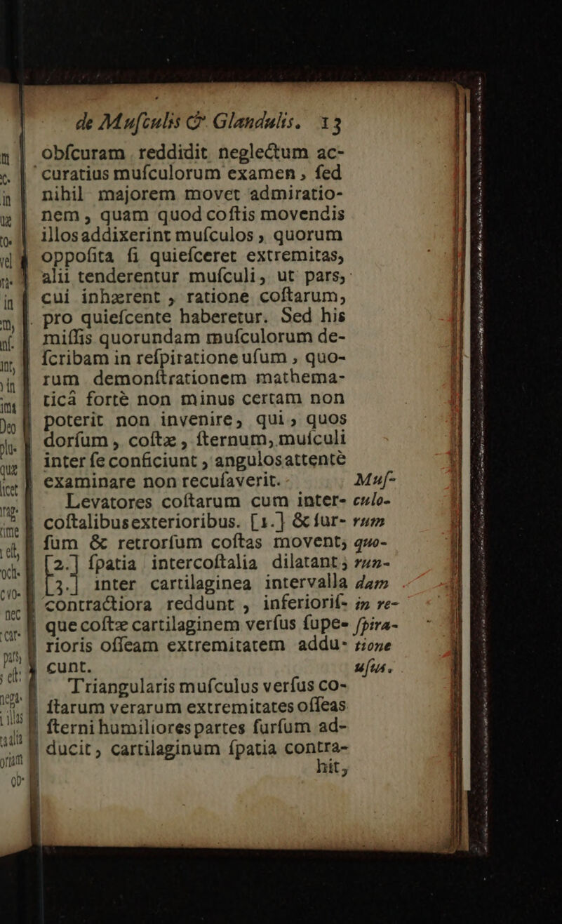 obfcuram . reddidit neglectum ac- nihil. majorem movet admiratio- nem, quam quod coftis movendis illosaddixerint muículos quorum oppofita fi quiefceret extremitas; miílfis quorundam muículorum de- Ícribam in refpiratione ufum , quo- rum demonítrationem mathema- tica forté non minus certam non poterit non invenire, qui; quos inter fe conficiunt ; angulosattente fum &amp; retroríum coftas movent; 2.] fpatia intercoftalia dilatant; 3.] inter cartilaginea intervalla cunt. Triangularis mufculus verfus co- ftarum verarum extremitates oífeas hit; quo- YH0n- dam utu. Aera Lat IR. Res e ice eomm oat som Pp m TA ecl Fi dome dorum im ms Im eium