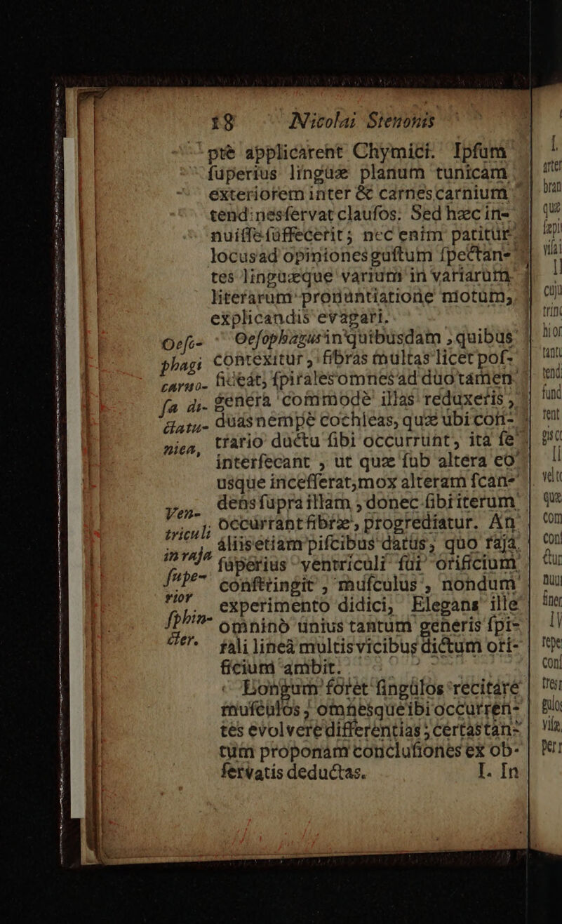 — MUesMES mam ms Mt tt itte icm n^ i rcm SEE C pm S Ó 19 ANicolai Steuonis pte applicarent Chymici. Ipfum fuperius lingüx planum tunicam. exteriorem inter &amp; carnescarnium tend:nesfervat claufos. Sed hzec ini- 2 nuiffefüffecerit; nec enim patitür- locusad opinionesguftum fpectan-: tes linpüque varium in variaruütn literarumpronuntiatione niotum; explicandis evagari. Oefi- Oefopbarurin quibusdam , quibus phagi COBteXitür fibras multas licet pof- caruo. fiieát; fpiralesomnesad duo tamen: fa. ai. &amp;enera commode' illas: reduxeris ; g41,. düasnempe cochleas, quz ubi coti- ? trario ductu fibi occurrunt, ita fe» interfecant , ut quz fub altera eo. usque incefferatmox alteram fcan* dens fupra illam , donec (ibiiterum occürrantfibrz', progrediatur. Án áliisetiam pifcibus datus, quo rajá. fáperius ventriculi füi' orificium confttingit , mufculus ; nondum js experimento didici, Elegans ille omnino ünius tantum generis fpi- f4li lineà multisvicibus dictum ori- ficium ambit. | ( BEongum foret fingülos recitare thufculos ; omftesqueibi occurreri- tés evolveredifferentias ; certastan- tum proponam conclufionés ex ob- niea,