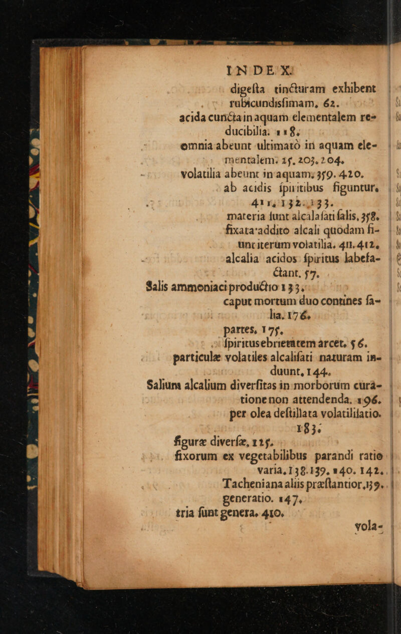 digefla tin&uram exhibent rubicundisfimam, 62. acida cunciain aquam elementalem re» ducibilia; 1$. omnia abeunt ultimató it aquam ele- mentalem. 1$. 203,204. volatilia abeunt in'aquam; 39. 4.20. àb acidis ípuitibus figuntur, 411,132:,133. materia funt alcalafari falis, 358. fixata'addito alcali quodam fi- unciterum volatilia, 411.412. alcalia acidos- fpiritus labefa- lant, £7. Salis ammeniaci productio 135; caput mortum duo contines fa- lia. 17€. partes, 17f. fpiritusebrietàtem arcet, $ 6. particule volatiles alcalifati naturam in- duunt, 144. Salium alcalium diverfitas in morborum curá- tione non attendenda. 1:96. per olea defiillata volatililatio. r83. vola- Á —