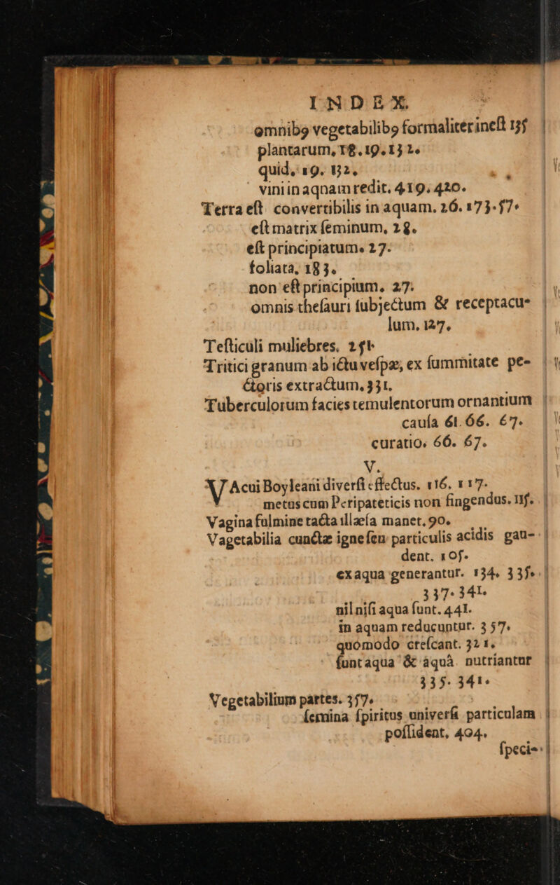 omnib9 vegetabilibg formaliterincf 15 plantarum, T6. 19.13 2. quid, 19. 132. viniinaqnamredit, 419. 420. Terraeft. convertibilis in aquam. 26. 173-57: elt matrix eminum, 2g. eft principiatum. 27. foliata, 183. non eft principium, 27: omnis thefauri fübjectum &amp; receptacu* lum. 127. Tefticuli muliebres, 2t Tritici granum ab idu vefpzs, ex Íummitate pe- &amp;otis extractum, 331. Tuberculorum facies temulentorum ornantium cauía 61.66. €7. curatio. 66. 67. V. Vii Boyleani diverfi c ffe&amp;tus. 116. 117. metus cum Pcripateticis non fingendus. Ilf. . | Vagina fulmine tacta illaeía manet, 90. Vagetabilia cunctz ignefeu: particulis acidis. gau- | dent. 1 of- exaqua generantur. 1734. 33f*.| 337: 341. nil ni(i aqua funt. 441. in aquam reducuntur. 3 57. quomodo cteícant. 32 1. íuntaqua &amp; àquà. nutriantur 335. 341. fpeci*: