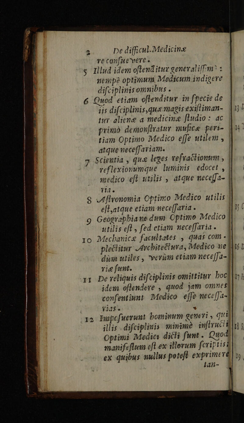 ve con[ne vere. s Illud idem oftend itur genevaliffm? : nempe optimum Medicum indigere difciplinis omnibus . 6 Quod etiam oftenditur in [pecie de jis difciplinis,.qua magis exit iman- tuy aliene a medicing flndio : ac prim. demonfhratuv mufice peri- | tiam Optimo Medico effe utilem , | atque nece[J aviam. | 7 Stieutia , que leges vefractionum , | reflexionumque luminis edocet , | medico eft utilis , atque ueceffa- 114. ' q JAflronomia Optimo Medico utilis | eflyatque etiam nece[Jaria . IH o Geograpbiane dum Cptimo Medico | utilis eft , fed etiam meceffaria. — J| 10 Mecbanice facultates , quas com «1 plectitur Arcbitectuva, Medico ne] dina utiles , verim etiam nece[fa-] vie funt. 1 idem oflendere , quod jam omnes confentinmt Medico elfe necefJ a. 12355 * 1 15 Popefuerunmt bominum generi , quu | illis . difciplinis minime inflructi] |y Optimi Medic dicti funt . Quod? manifeflum efl ex illevum fcripiisi ex quibus wullus poteft exprimeva ían- rtis t i mr a i : — —áÓ P RRRRRQRQUNNEUREEDEMMEP