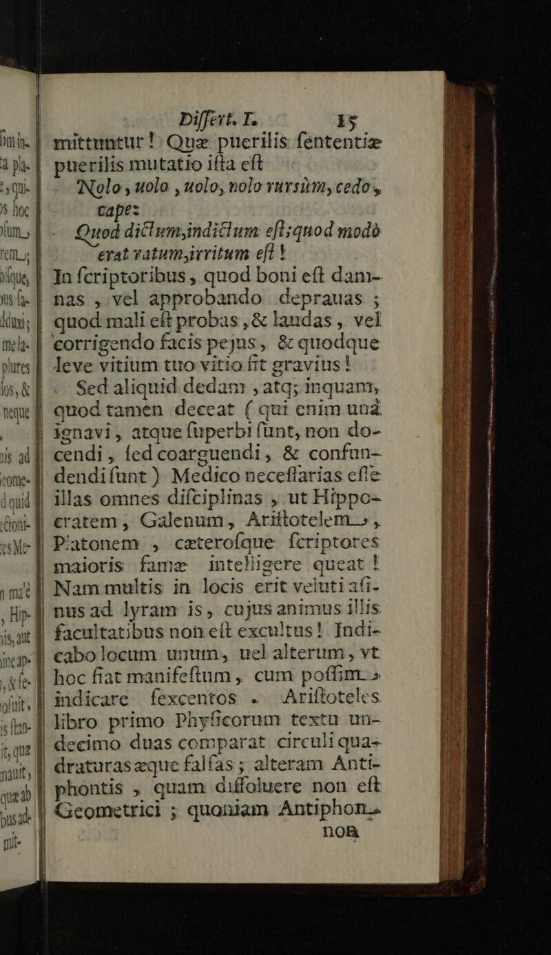 bm ín. | à p- | y QIii- | $ hoc jim » | CIL 240Ut, us i. dixi; mel- | plures os, &amp; I tque ———— s-— | is ad fi cote- Ri douid Gont- Bi Dbiffevt. I. i$ mittuntur !. Quz puerilis fententiz puerilis mutatio ifta cft INolo , uolo , uolo, nolo rursim; cedo ,, capez Quod diclumyinditlum e[fl;qnod modo erat vatumyirritum e[l ! In fcriptoribus , quod boni eft dam- nas , vel approbando deprauas ; quod mali eft probas , &amp; laudas , vel corrigendo facis pejus, &amp; quodque leve vitium tuo vitio fit gravius! Sed aliquid dedam , atq; inquanz quod tamen deceat ( qui enim una ienavi, atque füperbi (ünt, non do- cendi, fed coarguendi, &amp; confun- dendifunt) Medico neceflarias efie cratem , Galenum, Ariítotelem 5» , inteliigere queat ! Nam multis in locis erit veluti aífi- nusad lyram is, cujus animus illis facultatibus non eft excultus! Indi- cabolocum unum, uelalterum, vt indicare fexcentos . Ariftoteles libro primo Phyficorum textu un- draturaszque falfas; alteram Anti- phontis , quam diffoluere non eft Geometridi ; quoniam Antiphon. non ——— ddp —— P MÁRMTÀ T PONENS io Pii mn 4 AE TT TEST e Den Eur eamm, GESCTET 7A