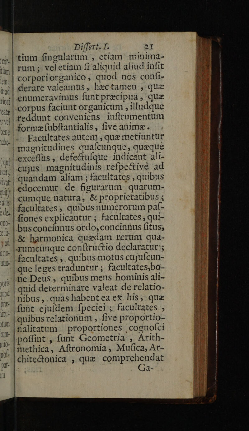 qr | tium fingularum , etiam. minima- iy | rum ;. veletiam fi aliquid aliud infit is; | corporiorganico , quod nos confi- ind derare valeamus, hac tamen , quz igi | enumeravimus funt pracipua, que corpus faciunt organicum , illudque reddunt conveniens iuflrumentum formz (ubftantialis, five animae. ds|-. Facultates autem , que metiuntur | magnitudines quaícunque, queque .|exceffus ,, defectuíque indicant ali- cujus magnitudinis refpectivé ad | quandam aliam ; facultates , quibus edocemur de figurarum quarum- 4i | cumque natura , &amp; proprietatibus ; ;j, | facultates ; quibus numerorum paf- | Kiones explicantur ; facultates ; qui- 5. | busconcinnus ordo; concinnus fitus; t1 &amp; harmonica quedam rerum qua- ! [aumcunque conftructio declaratur; | facultates ;. quibus motus cujufcun- | que leges traduntur ; facultates,bo- ne Deus , quibus mens hominis ali- quid determinare valeat de relatio-  nibus, quas habent ea e€ his, qua 5, |funt ejufdem fpeciei ; facultates , «y | Quibus relationum ; five proportio- 45 |Balitatmm ' proportiones ,cognoíci Um. : ii !poffint , funt Geometria, Arith- wf | methica, Aftronomia , Mufica, Ar- ;|chitectonica , quz egipsaneae I o nd Teu I———EEePerELLIGDe- cl ——À e a m oe - IL ie Sedit o aC EE AIMO ur aC Ma Ced E E AE ARS DR RR Rm Ee Lt rm T t IX TAE a Wer NS ——À ^ 4 - s Tween Pet ea i Et