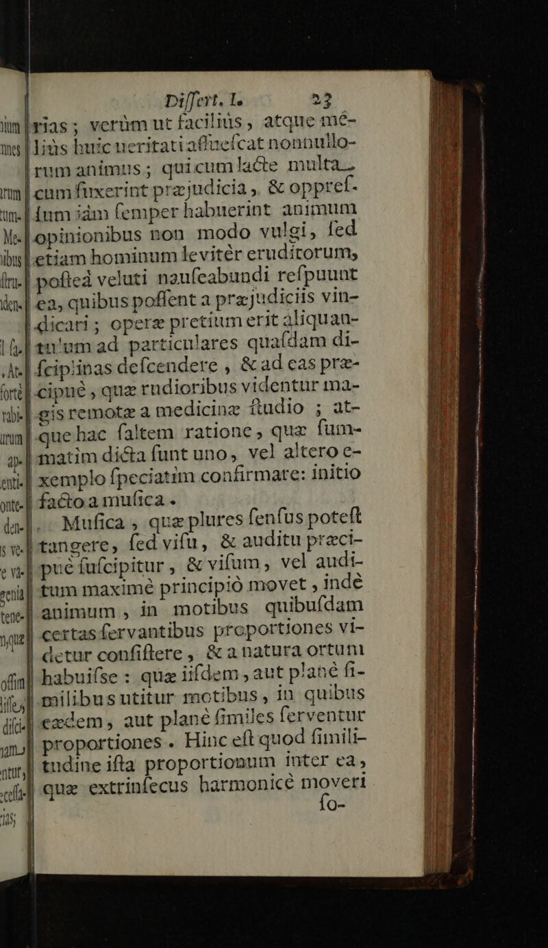 (rias; verüm ut facilius, atque me- m | Mis huic ueritatiaffuefcat nonnuilo- irumanimus; quicumlacte multa. icum fuxerint prz judicia ,. &amp; oppref- [nm iàm femper habuerint animum opinionibus non modo vulgi, fed etiam hominum levitér eruditorum; | poftea veluti naufeabundi refpuunt | ea, quibus poffent a pra;jdiciis vin- | dicari ; opere pretitum erit aliquau- | tn'um ad particulares quaídam di- | fcipiinas defcendere , &amp; ad cas prz- j| cipné , qua rudioribus videntur ma- .| gis remotz a medicine ftudio ; at- || que hac faltem ratione, quz fum- imatim di&amp;a funt uno, vel altero e- , | xemplo fpeciatim confirmare: initio xe] facto a mufica . is]. Mufica , que plures fenfus poteft (we |-tangere, fed vifu, &amp; auditu praci- ev] pue fuícipitur , &amp; vifum, vel audi- cis] tum maximé principió movet , indé e| animum , in motibus quibuídam yqe| certas fervantibus proportiones vi- dctur confiflere ,, &amp; a natura ortum sinl habuifse : qua iifdem , aut plané fi- if; milibus utitur motibus, in quibus iil ezdem, aut plané frmies ferventur an] proportiones . Hinc eft quod fimili- qy| tudine iffa proportionum inter ea, ol] que: extrinfecus harmonice Bue ! Q- | s OC EIE A Sa xut T T pne MES E ANA Eres t AUTE E z -ec — 4 ec ELEM go eer pe et DEED. WrvE cuoonitui ce iris DUE cem X AR amm t e ALD ESI dr EL E 3 CET A Ec