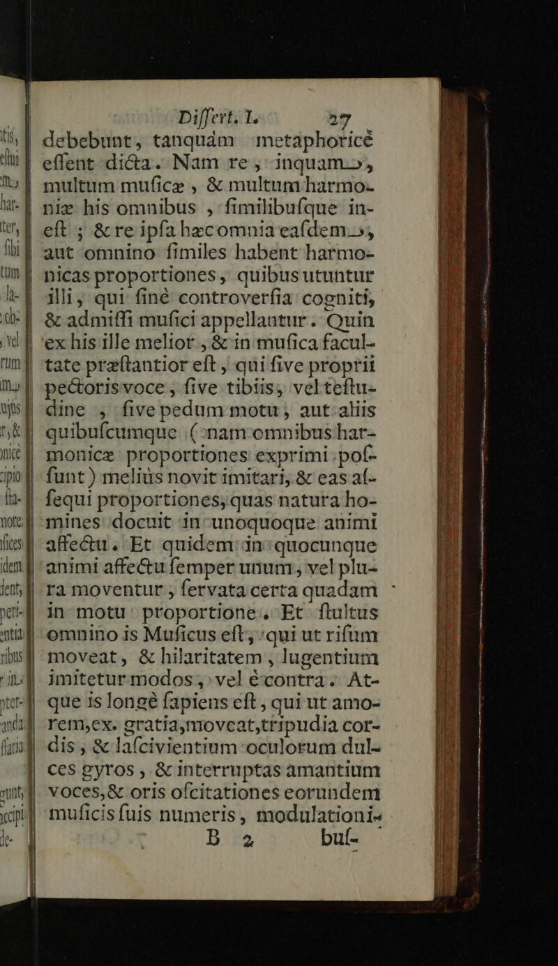 unn cip Diffevt. 1. 27 effent di&amp;a. Nam re , inquam», ilii; qui finé controverfia cogniti, ex his ille melior , &amp; in mufica facul- tate praftantior eft , qui five proprii pecorisvoce , five tibiis) velteftu- dine , five pedum motu , aut.aliis quibufcumque (nam. omnibus har- monice proportiones exprimi .pof- funt) melius novit imitari, &amp; eas af- fequi proportiones, quas natura ho- animi affectu femper unum, vel plu- ra moventur , fervata certa quadam imitetur modos ;, vel écontra. At- que is longé fapiens eft , qui ut amo- rem,ex. gratia,moveat,tripudia cor- dis , &amp; lafcivientium oculorum dul- muficisfuis numeris, modulationi- b 2 buf-