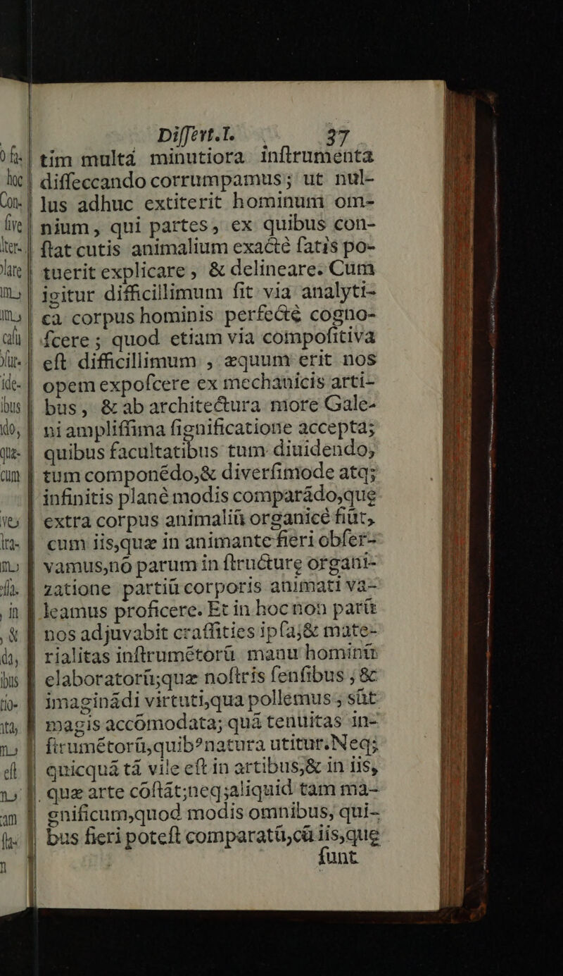 of tim multà minutiora inflrumenta hx! diffeccando corrumpamus; ut nul- Qn. Jus adhuc extiterit hominum om- Íit! nium, qui partes, ex quibus con- lt-| ftat cutis animalium exacté fatis po- le! tuerit explicare; &amp; delineare. Cum I: | jeitur difficillimum fit. via analyti- ll | cà. corpus hominis perfecté cogno- dla | fcere ; quod etiam via compofitiva Jt. | eft. difficillimum , equum erit nos it-| opem expofcere ex mechauicis arti- Ius | bus, &amp; ab architectura more Gale- (0, | niampliffima fignificatione accepta; Qt- | quibus facultatibus tum diuidendo; am | tum componédo,&amp; diverfimode atq; - | infinitis plané modis comparádo;que it; | extra corpus animaliü organice fiüt, Iz |. cum iisque in animante fieri obfer- 1» | vamus,no parum in ftructure organi- fà. | zatione partiü corporis animati va- in [| leamus proficere. Et in hoc iion parit ,&amp; | nosadjuvabit craffities ip(aj&amp; mate- à, B rialitas inftrumétorü: maau homintr ius | elaboratorü;qua noftris fenfibus ; &amp; | imaginádi virtuti,qua pollemus ; süt | magis accómodata; quá tenuitas in- 1» l| firumétorü,quib?natura utitur. Neq; 4i f| qnicquá tà vile eft in artibus,&amp; in üis, 1» f. quz arte coftát;neq;aliquid tam ma- 4n f gnificum,quod modis omnibus, qui- I funt W 1] 1 ! EID. aj M CE ARM IU - T , EEXDCOEEE ces. CERTE CARE xi to s X ipse te - E CRI. M. MEC MES Ein. Kd a X A. ac ADUSSRS Ger oed x