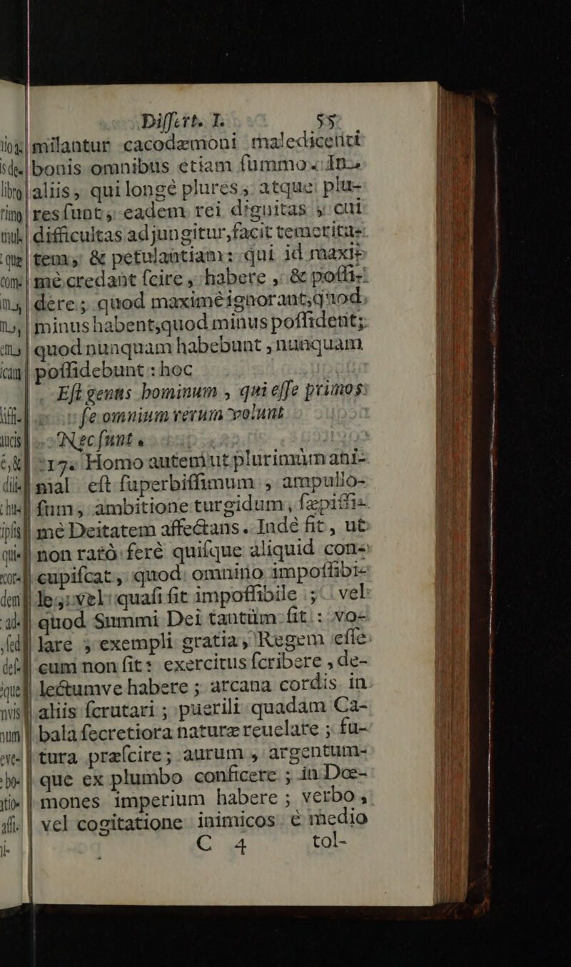 ios | milantur .cacodaemont rnaledicetici *d«| bonis omnibus etiam fümmo-. 1p» lito aliis, qui longé plures s. atque: plu- tim resfunt ,; eadem rei diguitas 5 cui iui. difficultas ad jungitur,facit temcritte qu| teo, &amp; petulantiam: qui id axle Cory Qa l, 2r can dere; quod maximéignoraut;quod. minus habent,quod minus poffidetit; quod nunquam habebunt ; nunquam poffidebunt : hoc Efl geutis bominum , qui effe primos: s cfe omnium verum volunt is ON ee fnnt « | |:17« Homo autem ut plurimum ani- imial | eft fuperbiffimum , ampulio- iis] me Deitatem affe&amp;ans .. Indé fit ut 1j cupifcat ,. quod. omnirio impotfibi- - —— »l aliis fcrutari ; puerili quadam Ca- a | tura preícire; aurum , argentum- | | que ex plumbo conficere. ; in Doe- iie | if. n vel cogitatione inimicos. € medio 4 tol- E esee Aat sae Fam c E E ERR Fem MEEEET ART Mr E ie ER z : Exe Apr Ime