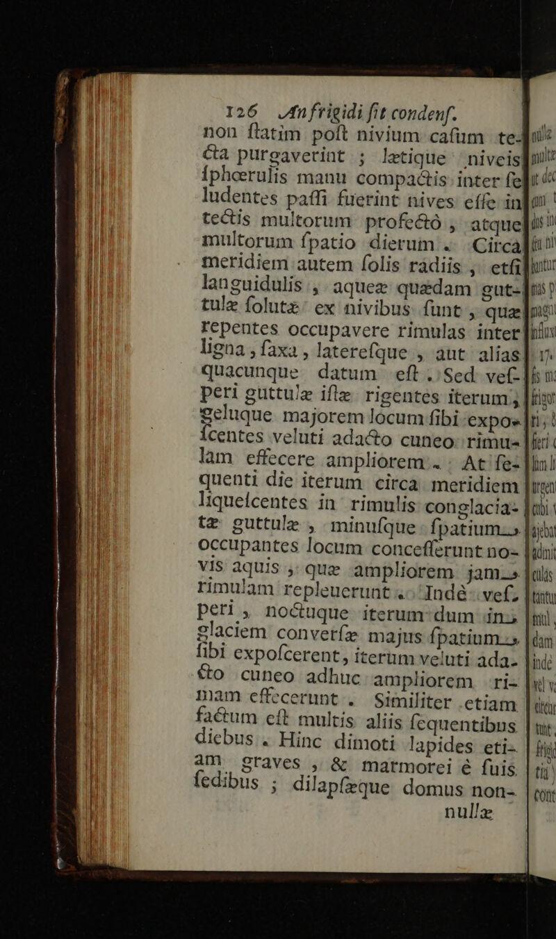 non fiatim poft nivium cafum te &amp;a purgaverint ; letique niveis| Ípherulis manu compadis: inter fe| ludentes paífi fuerint nives eífe in tecis multorum profe&amp;ó , atque nie gult it dec (am ds n tulz folutz: ex nivibus. funt , qua pus p pagi ydox D fs 1: frio feti lm I occupantes locum concefferunt no- VIS aquis , que ampliorem jam.» peri, no&amp;uque iterum dum in; glaciem convetfz majus fpatium.» fibi expofcerent, iterum veluti ada. &amp;o cuneo adhuc ampliorem ri- factum eft multis aliis Ícquentibns diebus. Hinc dimoti lapides eti- 4m graves , &amp; marmorei é fuis Íedibus ; dilap(zque. domus non-- nulla