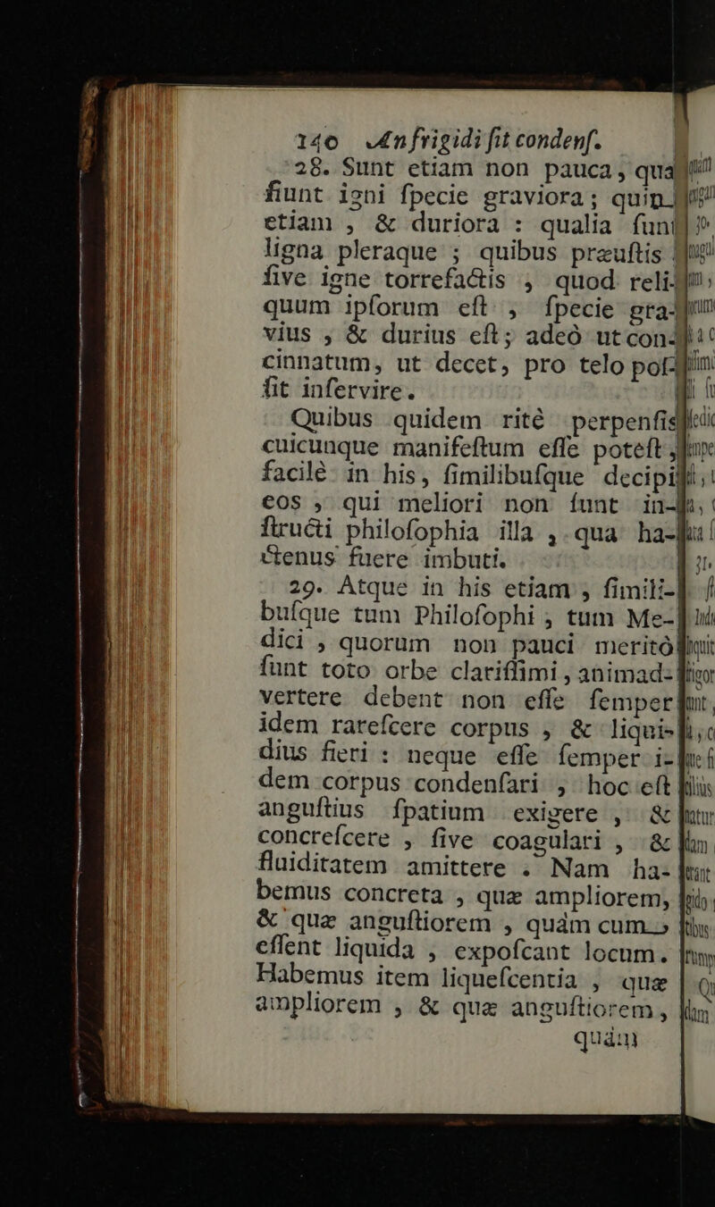 28. Sunt etiam non pauca, qua4 nl fiunt igni fpecie graviora; quip Juv etiam , &amp; duriora : qualia funi] ^. ligna pleraque ; quibus prauftis Jue five igne torrefaétis ; quod relijfn quum ipforum eft, fpecie grau vius , &amp; durius cft; adeó utconJj:: cinnatum, ut decet, pro telo pota jim hit infervire. | 4 1 Quibus quidem rité perpenfisfici cuicunque manifeftum effe poteft; impe facilé. in his, fimilibufque decipit; eos , qui meliori non íunt in-f: firui philofophia illa ,. qua ha-p: Genus fuere imbuti. |: 29. Atque in his etiam ; fimili-]. / bufque tum Philofophi ; tum Me-] id dici , quorum non pauci meritólhui: funt toto orbe clatiffimi , animad: fie vertere. debent. non effe femper], idem ratrefcere corpus , &amp; liqui-pi« dius fieri : neque effe femper i-|i: dem corpus 'condenfari.- , hoc eft [rii anguftius fpatium exigere , &amp; [ur concreícere , five coagulari , :&amp; |l. fluiditatem. amittere .' Nam ha- bemus concreta , que ampliorem, [ &amp; qua angufliorem , quàm cum.» effent liquida ,' expofcant locum. Habemus item liquefcentia , que