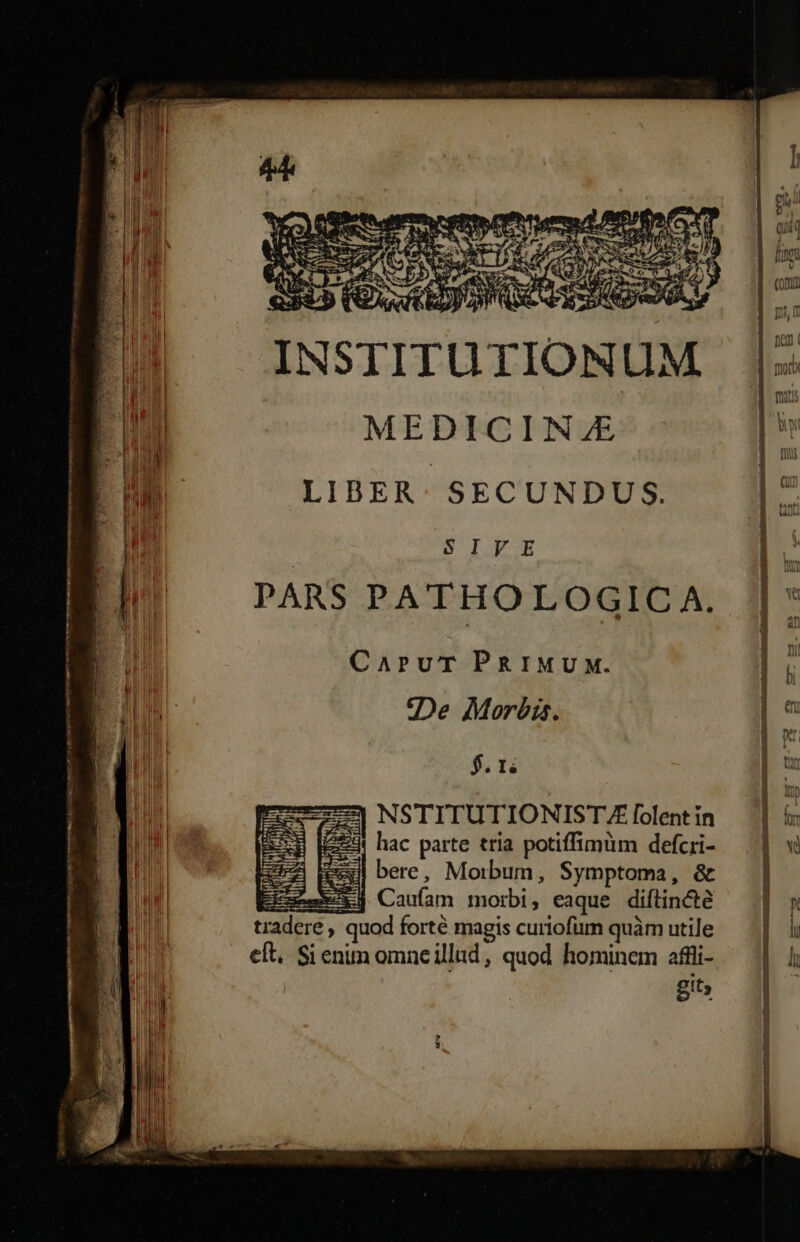MEDIGIN 7E LIBER: SECUNDUS. M SIE 5 || PARS PATHOLOGICA. |* CaAPpPuT PRIMUM. SE De Morbis. | 7 1l i | 5 NSTITUTIONIST4Z[olentin ^| &amp; hac parte tria potiffimüm defcri- — | w AH bere, Morbum, Symptoma, &amp; TRI EEsmeox] Caufam morbi, eaque diftin&amp;te MNT tradere , quod forté magis curiofum quàm utile eft, Si enim omneillud , quod hominem aftli- git EIE D P- DIMGcEup II er [ MÀ Ó € € s