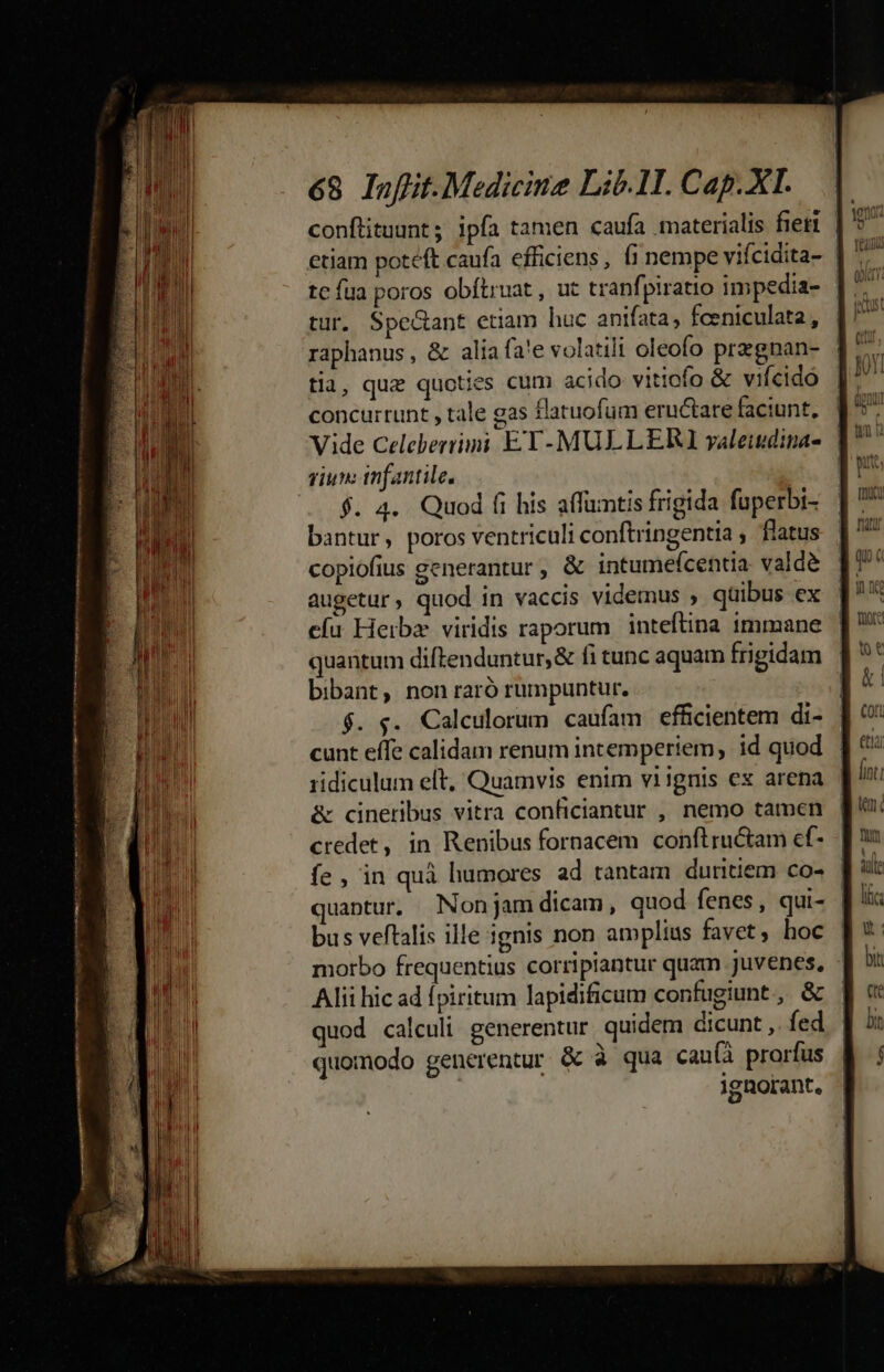 conftituunt; ipfa tamen caufa materialis fiet | etiam poteft caufa efficiens, (i nempe vifcidita- tur. Spe&amp;ant etiam huc anifata, fceniculata , raphanus, &amp; alia fa'e volatili oleofo przgnan- tia, quz quoties cum acido vitiofo &amp; viícido concurrunt , tale gas latuofum eructare faciunt, 1^ Vide Celeberrimi EET-MULLERT yaleitdinas 1 gium infantile. $. 4.. Quod fi his affumtis frigida fuperbi- bantur, poros ventriculi conftringentia , flatus copiofius generantur, &amp; intumefcentia valdé augetur, quod in vaccis videmus , quibus ex cíu Heibz viridis raporum inteftina immane quantum diftenduntur,&amp; fi tunc aquam frigidam bibant, non raró rumpuntur. $. s. Calculorum caufam efficientem di- cunt effe calidam renum intemperiem, id quod | ridiculum elt, Quamvis enim viignis ex arena | &amp; cineribus vitra conficiantur , nemo tamen credet, in Renibus fornacem conftructam ef- fe , in quà humores ad tantam duritiem co- | quapntur. Nonjam dicam, quod fenes, qui- bus veftalis ille ignis non amplius favet, hoc morbo frequentius corripiantur quam juvenes, Alii hic ad fpiritum lapidificum confugiunt , &amp; quod calculi generentur quidem dicunt ,. fed quomodo generentur &amp; à qua cau(à prorfus ignorant,
