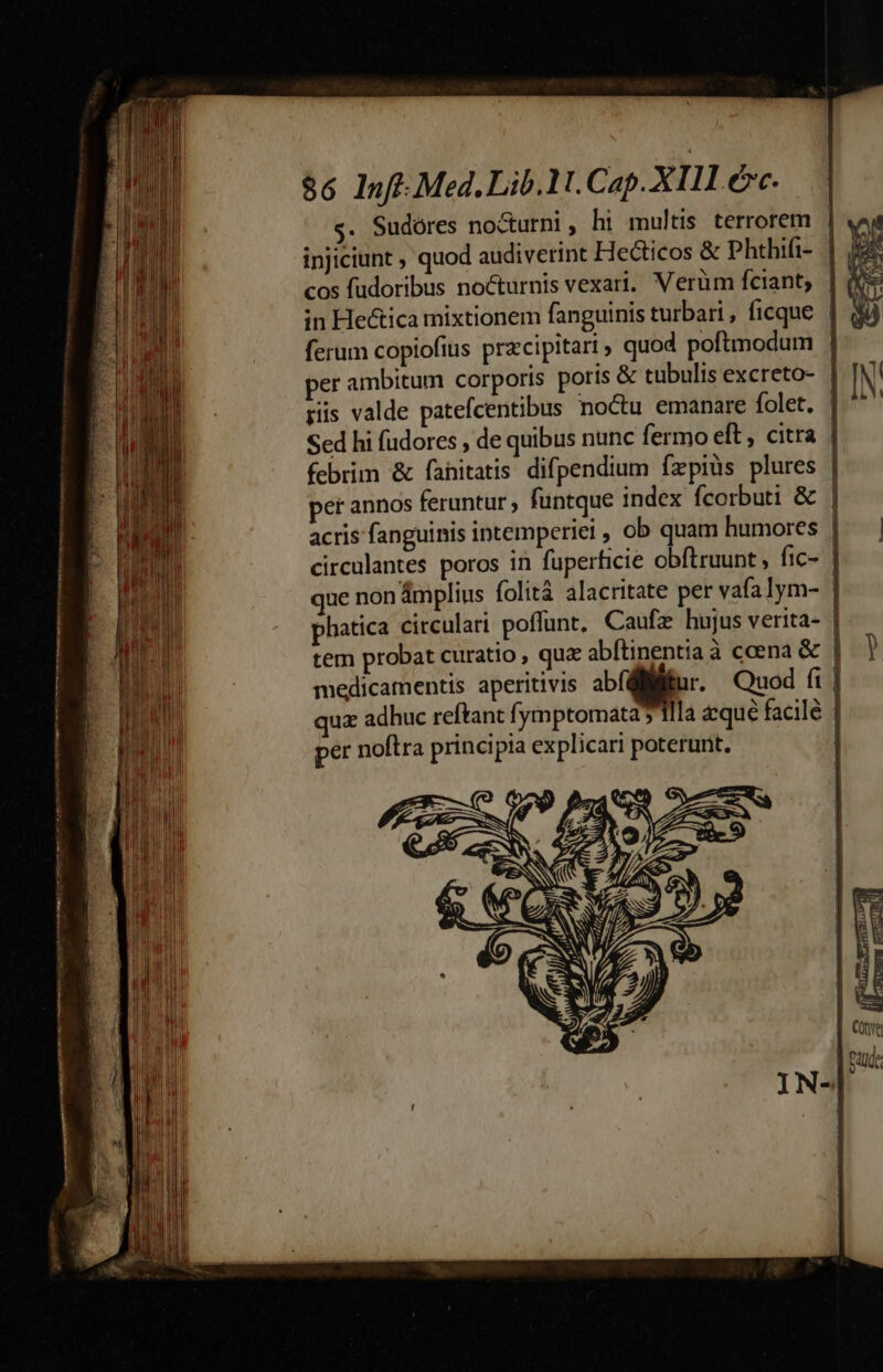 — WHO nep DPeHR titre sorti Vm mme sa 85 Inf. Med. Lib.11. Cap. XI11 vc. g. Sudóres nocurni, hi multis terrorem | cos fudoribus nocturnis vexari. Verüm fciant; | in Hectica mixtionem fanguinis turbari, ficque | ferum copiofius przcipitari, quod poftmodum per ambitum corporis poris &amp; tubulis excreto- riis valde patefcentibus noctu emanare folet. ' Sed hi fudores , de quibus nunc fermo eft, citra febrim &amp; fahitatis difpendium fzpiüs plures | per annos feruntur , funtque index fcorbuti &amp; | acris fanguinis intemperiei , ob quam humores | circulantes poros in fuperficie obftruunt , fic- | que non ámplius folitá alacritate per vafalym- | phatica circulari poffunt, Caufz hujus verita- | tem probat curatio , qua abftinentia à coena &amp; | medicamentis aperitivis abíflitur. Quod fi | quz adhuc reftant fymptomata y illa aque facilé | per noftra principia explicari poterunt. |