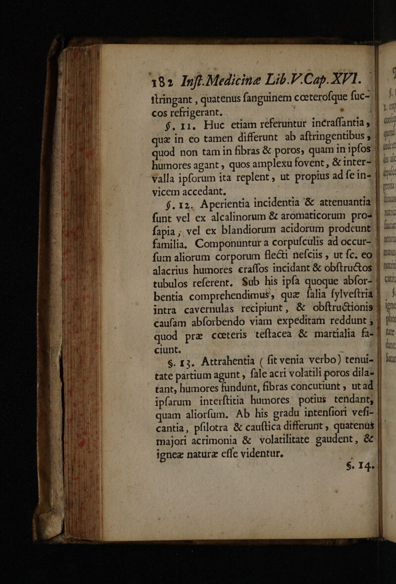 itringant , quatenus fanguinem coeterofque fuc- | cos refrigerant. | i $. 11. Huc etiam referuntur incraffantia y. | qux in eo tamen differunt ab aftringentibus , 1 1? quod non tam in fibras &amp; poros, quam inipfos | humores agant ; quos amplexu fovent, &amp;inter- || 4X valla ipforum ita replent; ut propius ad fe in- || &amp;/* vicem accedant, me $.12. Aperientia incidentia '&amp; attenuantia: ||! funt vel ex alcalinorum &amp; aromaticorum pros] ' fapia; vel ex blandiorum acidorum prodeunt | familia. Componuntur a corpufculis ad occur- 1 1: fum aliorum corporum flecti nefciis , ut fc. eo alacrius humores eraffos incidant &amp; obftructos ] nuc tubulos referent, Sub his ipfa quoque abíor- Cat bentia comprehendimus, quz. falia fylveftria |! intra cavernulas recipiunt, &amp; obftru&amp;tionis f t caufam abforbendo viam expeditam reddunt 5 1 puo quod prz coeteris teftacea &amp; martialia faz] ciunt. 1 nt S. 13. Attrahentía ( fit venia verbo) tenui- I] ur tate partium agunt , fale acri volatili poros dila- | tant, humores fundunt, fibras concutiunt ; ut ad ipfarum interftitia humores, potius tendant; | quam aliorfum. Ab his gradu intenfiort vefi- | cantia, pfilotra &amp; cauftica differunt ; quatenüs | majori acrimonia &amp; volatilitate gaudent, &amp;|| ignea náturz efle videntur. | $. I4. gere m cnmritmnn hn tms ipei mere Do oem m