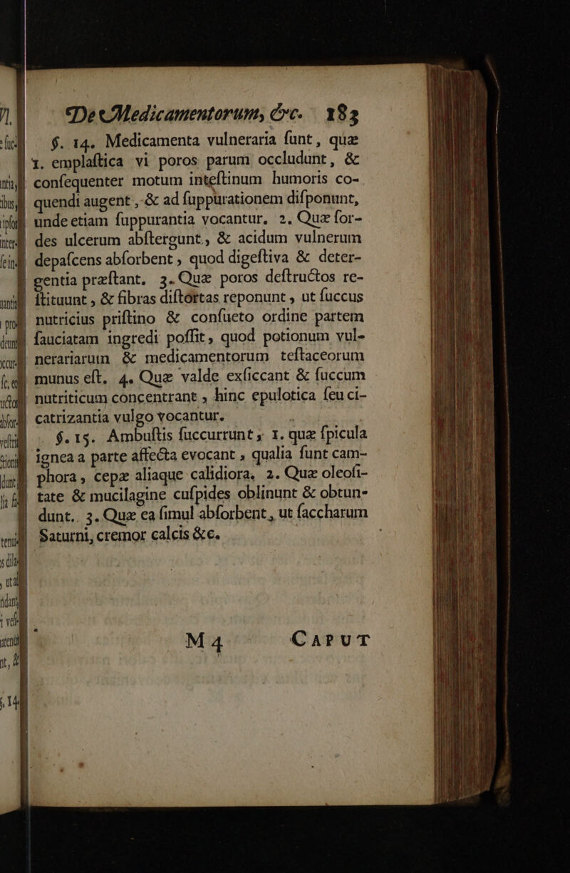 $. 14. Medicamenta vulneraria funt , quae 1. emplaftica vi poros parum occludunt, &amp; | confequenter motum inteftinum humoris co- quendi augent ,-&amp; ad fuppurationem difponunt, | undeetiam fuppurantia vocantur, 2. Quz for- des ulcerum abítergunt, &amp; acidum vulnerum | depafcens abforbent ; quod digeftiva &amp; deter- | gentia przftant, 3. Qua poros deftructos re- f fituunt , &amp; fibras diftottas reponunt , ut fuccus | nutricius priftino &amp; confueto ordine partem | fauciatam ingredi poffit, quod potionum vul- | nerariarumn &amp; medicamentorum teftaceorum munus eft, 4. Quz valde exficcant &amp; fuccum XJ nutriticum concentrant ; hinc epulotica feu ci- catrizantia vulgo vocantur. I| igneaa parte affecta evocant , qualia funt cam- E phora, cepz aliaque calidiora. 2. Que oleofi- | tate &amp; mucilagine cufpides oblinunt &amp; obtun- j| dunt. 3. Qu ca fimul abforbent , ut faccharum J| Saturni, cremor calcis &amp;e. uua 1,