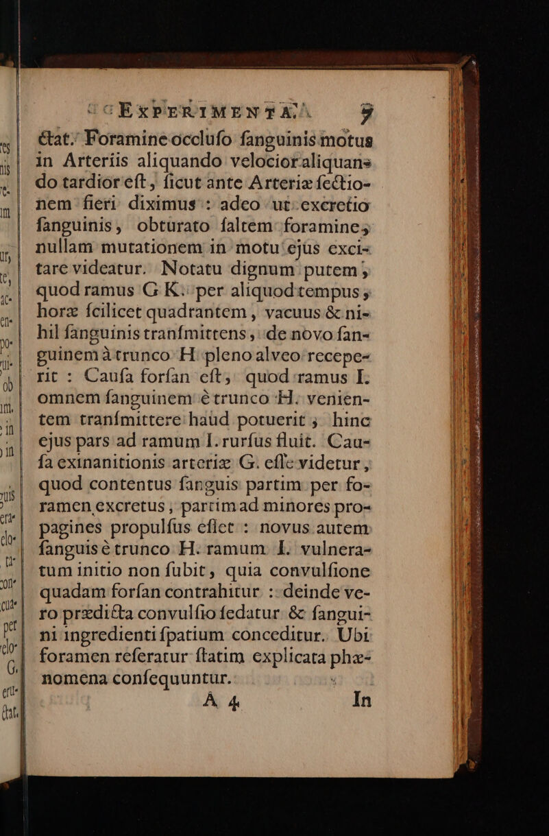 &at.' Foramine occlufo fanguinis motus in Arteríis aliquando velocioraliquans do tardior eft, ficut ante Arteriz fectio- nem fieri diximus : adeo ut: exerctio fanguinis, obturato faltem: foramine; nullam mutationem in. motu'ejüs exci- tare videatur. Notatu dignum putem; quod ramus G K. per aliquod tempus ; horz fcilicet quadrantem , vacuus & ni- hil fanguinis tranfmittens , de novo fan- guinemà trunco H. pleno alveo recepe- omnem fanguinem é trunco -H. venien- tem tranímittere haud potuerit ;. hinc cjus pars ad ramum I. rurfus fluit. Cau- fa exinanitionis arteriz. G. cflc videtur, quod contentus fanguis partim per fo- ramen excretus , parrimad minores pro- pagines propulfus eflct : novus autem fanguisé trunco H. ramum. I. vulnera- tum initio non fubit, quia convulfione quadam forían contrahitur. :- deinde vc- ro przdi£&ta convulfio fedatur. & fangui- ni ingredienti fpatium conceditur. Ubi foramen referatur ftatim explicata He nomena confequuntur. dog