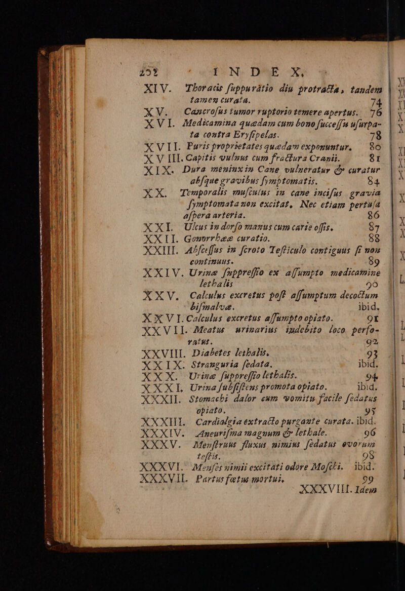 255 ICON. DAE. X XIV. Tborads fuppuvátio diu protratia, tandem lamen curg:a. 74 XV. Cancrofus tumor ruptorio temere apertus. 76 XVI. Medi&amina quedam cum bono fuccefft ufurpa- ta contra Eryfepelas. 78 XVII. Puris proprietates quedamexponuntur. — 80 X V III. Capitis vulzus cum fractura Cranii. 8r T X. Dura meziuxin Cane vulzeratur e curatur abfque gravibus fymptomatis. 54 XX. Temporalis en[culus 1m cane incifus. gravia Jymptomata non excitat, Nec etiam pertu/a afpera arteria. 86 XXL QUku:indorfo manus cum carte offis. $7 XXII. Geonorrbeze curatio. 92 XXII. AA4fceffus im fcroto Tefficulo contiguus f£ moz continuus. 89 XXIV. Urine fuppreffo ex affumpto medicamine letba lis 90 XXV. Cakulus excretus poft. affumptum decoctum dif malva. ibid. X X V I. Calculus excretus affumpto opíato. OI XXVII. Meatus | urinarius iudebito loco perfo- YAIHA. 92 XXVIII. Diaetes leibalis. 93 teff is. 99 XXXVI.. Meaufes nimii excitati odore Mofcti. ibid. XXXVIL | Partus ftus mortui, à 99 XXXV IH. Idem