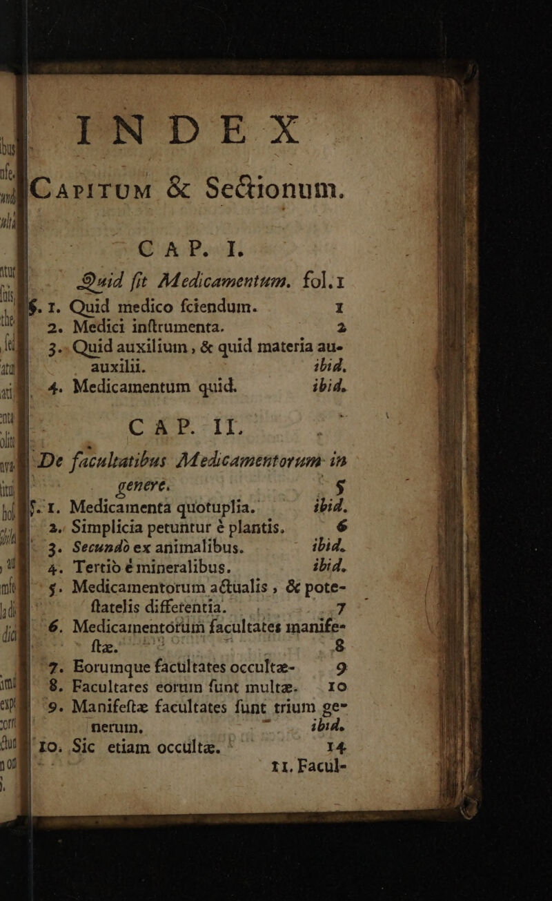 C K P. I. Suid fit. Medicamentum. fol.1 $. 1. Quid medico fciendum. I 2. Medici inftrumenta. 2 3.: Quid auxilium , &amp; quid materia au- auxilii. ibid. 4. Medicamentum quid. ibid. OG c DEP B De facultatibus Medicamentorum: in eneve. W: 5. r. Medicamenta quotuplia. ibid. 2, Simplicia petuntur é plantis. $ . Secundo ex animalibus. ibid. . Tertio é mineralibus. ibid. . Medicamentorum aCtualis , &amp; pote- ftatelis diffetentia. 7 . Medicainentórüm facultates manife- fte, 2  8 7. Eorumque facultates occultae- 9 8. Facultates eorum funt multe. — IO 9. Manifeftz: facultates funt. trium ge* nerutn, ibi, IO. Sic etiam occulta. 14 x 1I. Facul-